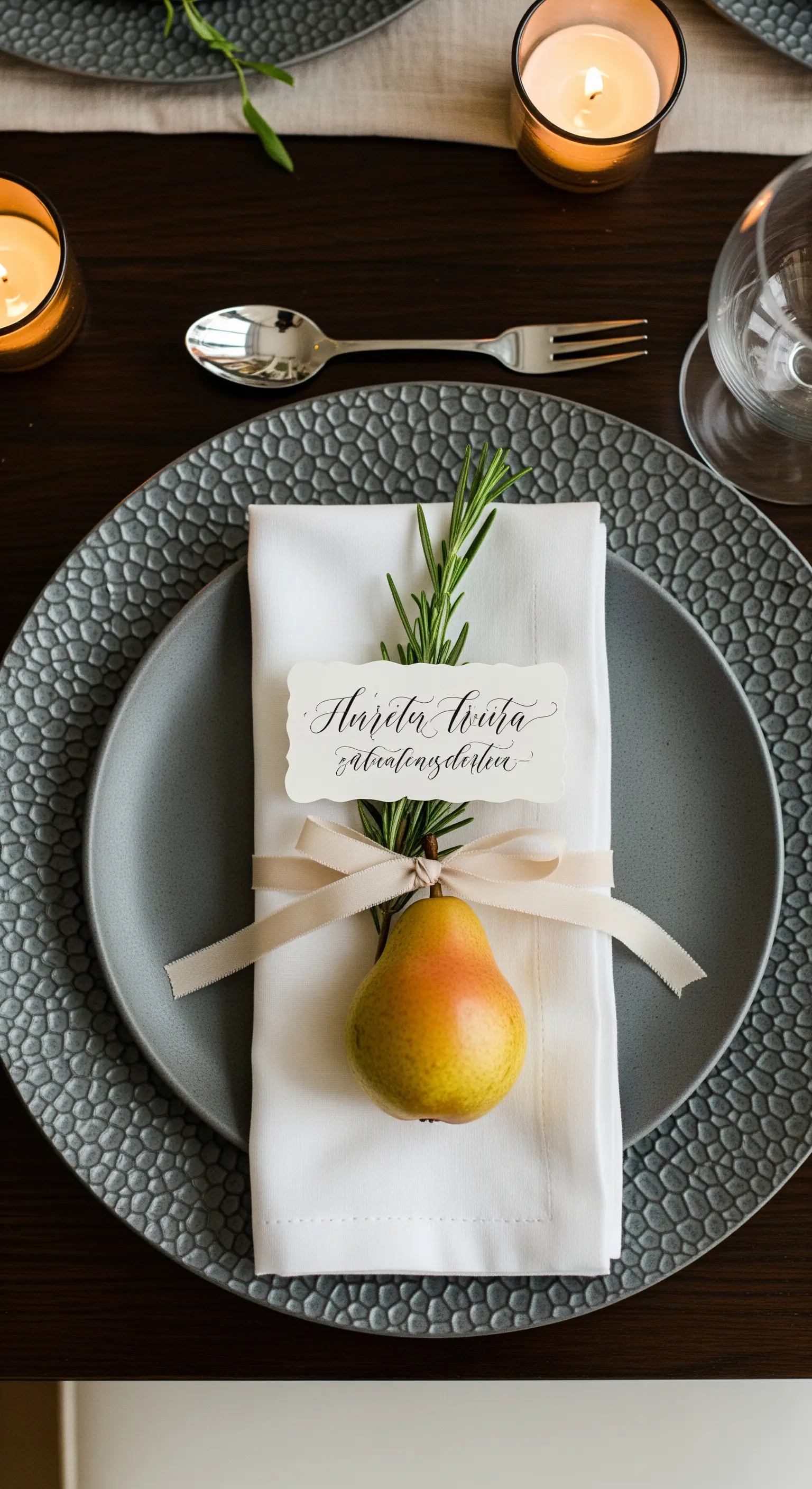 Segnaposto con una pera, un rametto di rosmarino e un biglietto calligrafico su un piatto grigio.