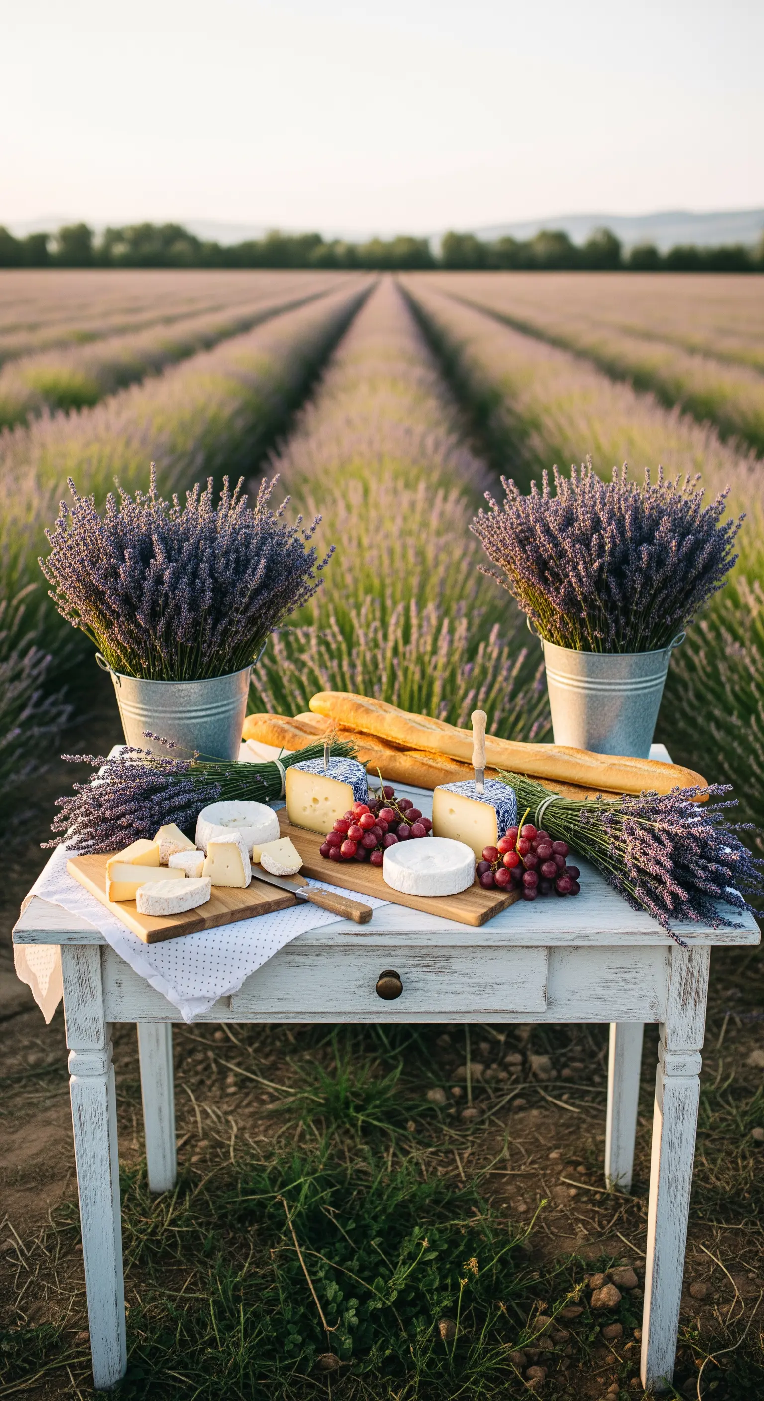 Tavolino bianco con formaggi e secchi di lavanda in un campo fiorito al tramonto.
