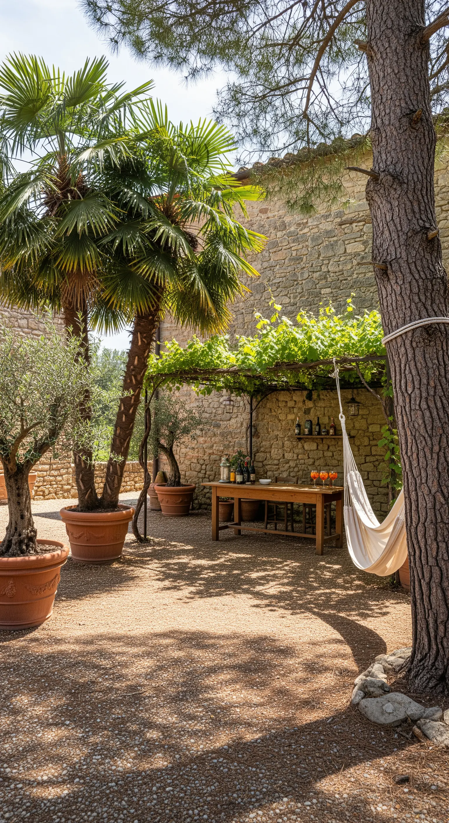 Cortile rustico con muri in pietra, tavolo sotto un pergolato e amaca legata a un albero.