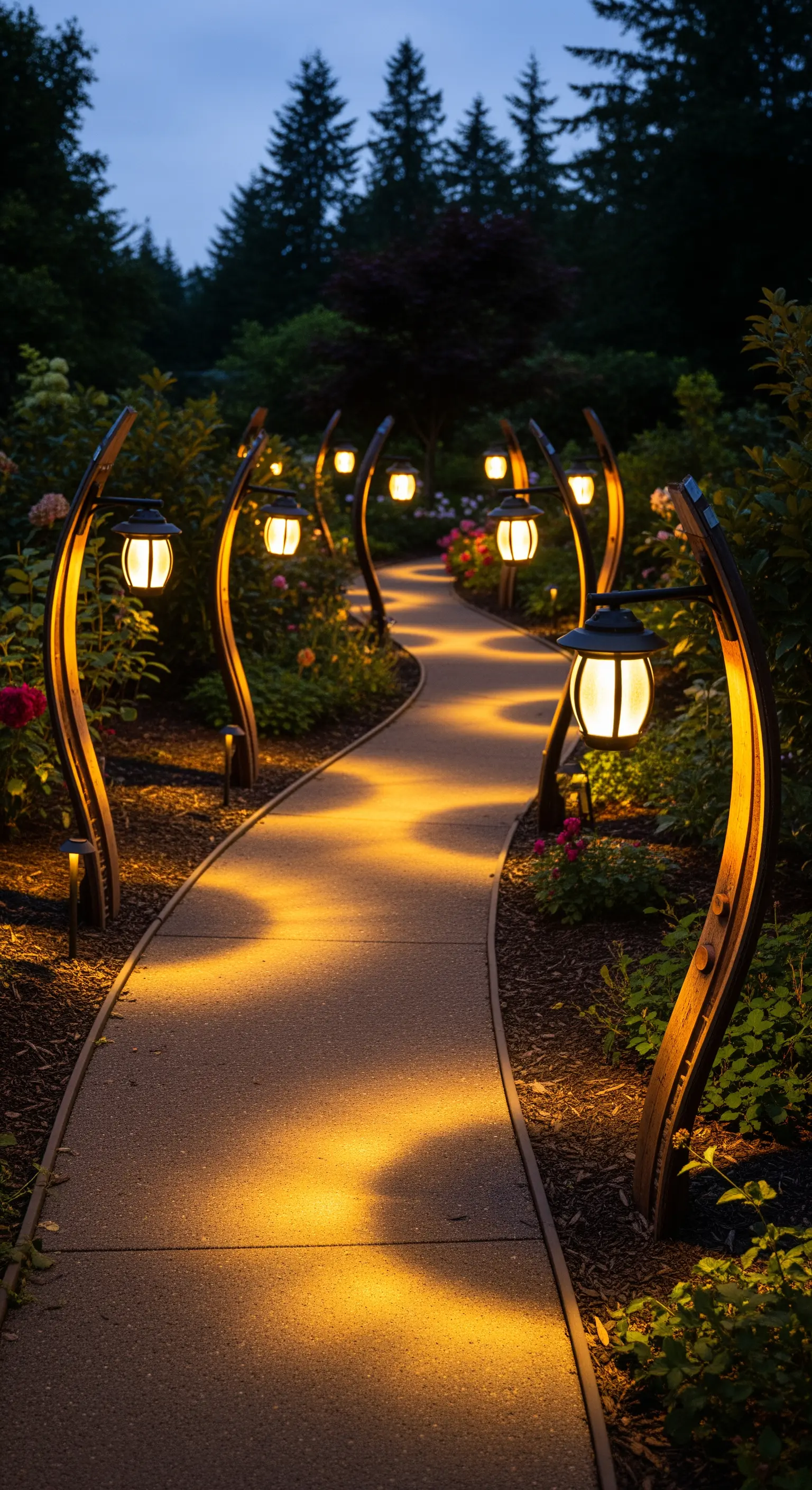 Sentiero da giardino illuminato da lampioni artigianali realizzati con doghe di botte ricurve.
