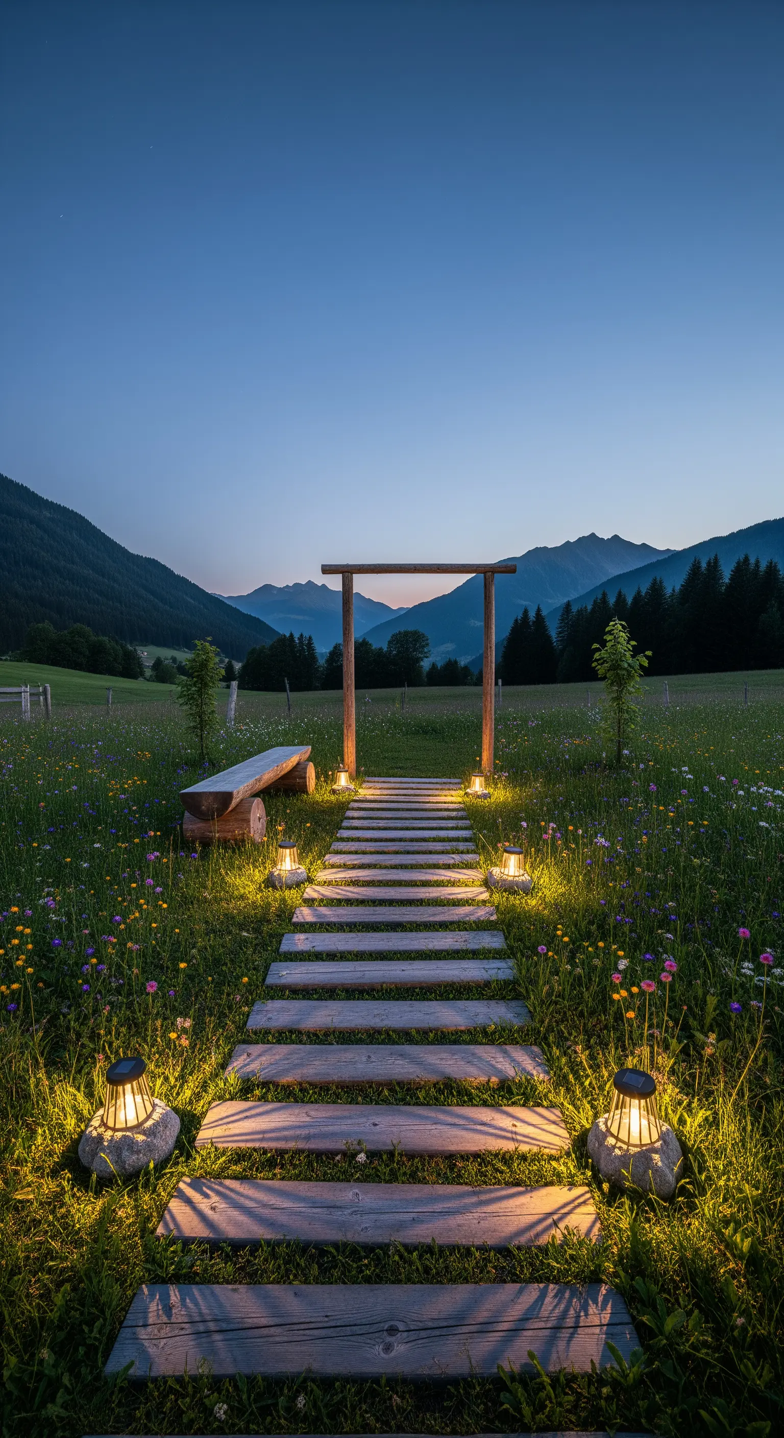 Passerella in legno in un prato fiorito di montagna, illuminata da piccole lanterne solari rustiche