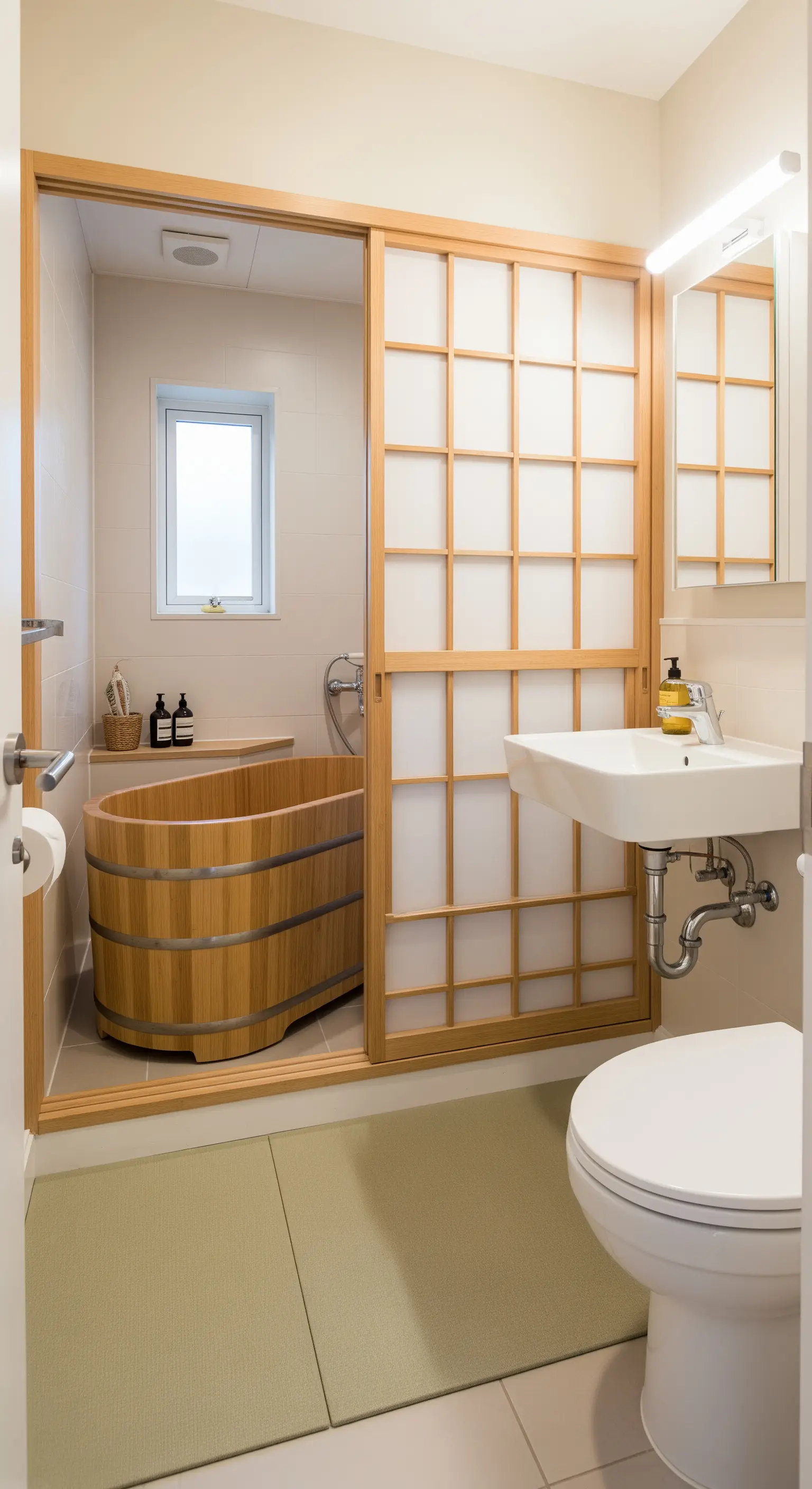 Bagno compatto con piccola vasca in legno separata da una porta scorrevole shoji.