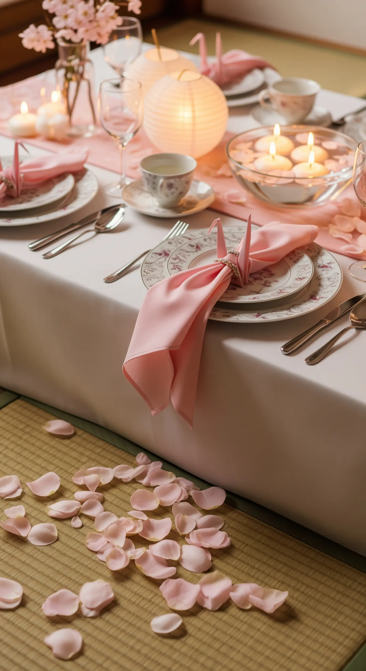 Tavola in stile giapponese con tovaglioli rosa, origami a forma di gru e candele galleggianti