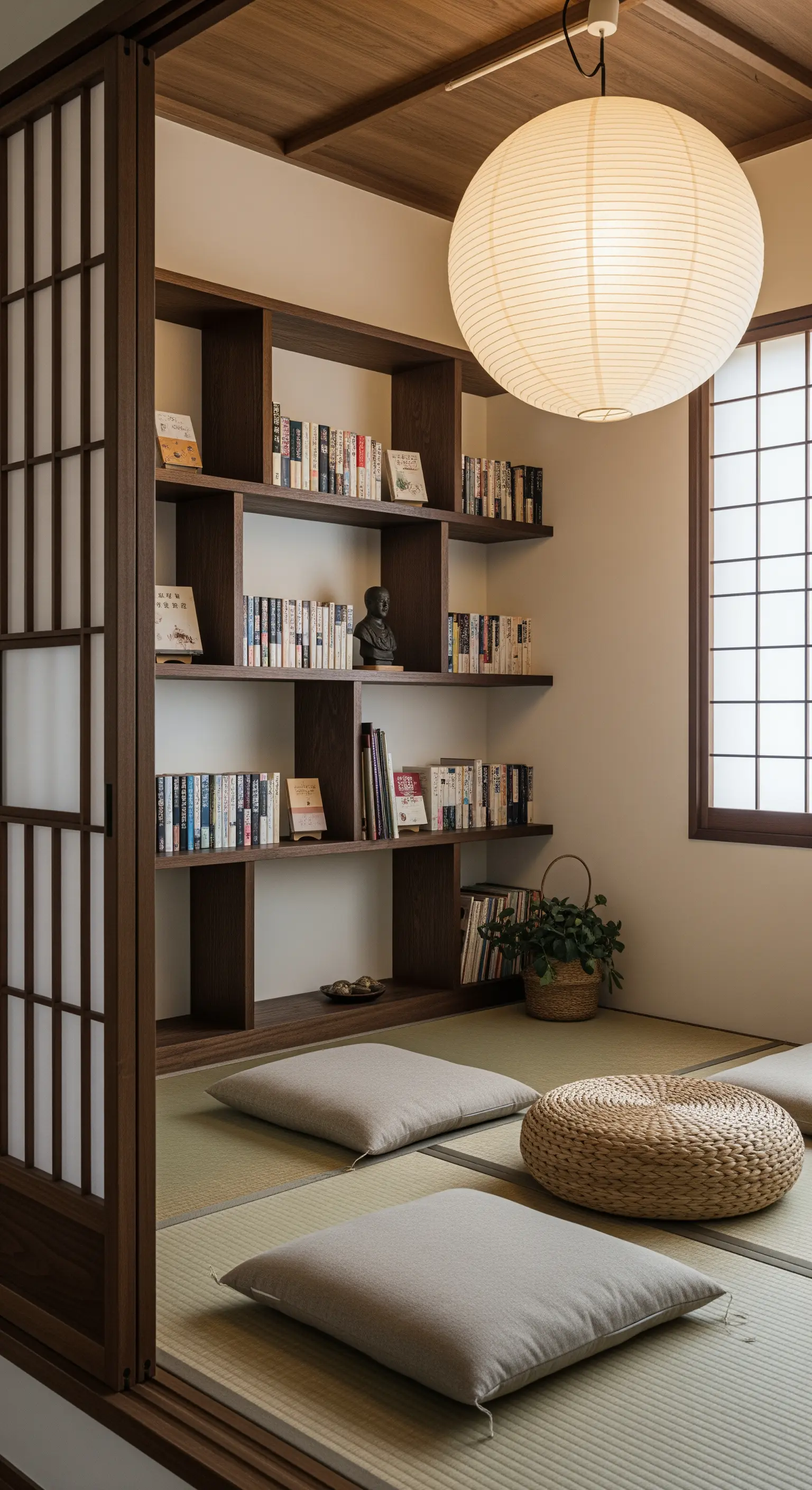 Angolo lettura in stile giapponese con tatami, libreria asimmetrica e cuscini da terra.