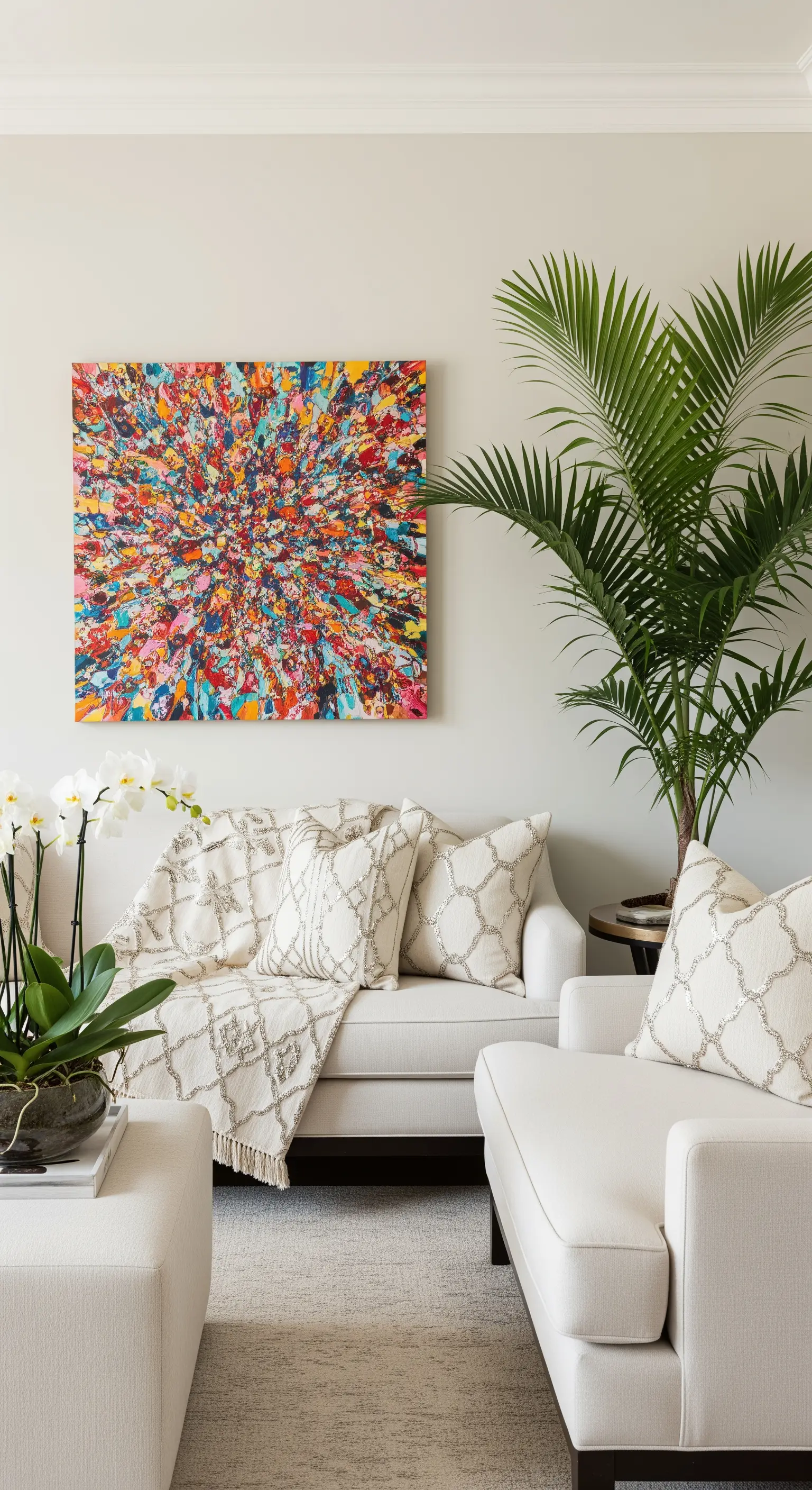 Salotto total white con arredi di diverse texture e un quadro astratto molto colorato alla parete.