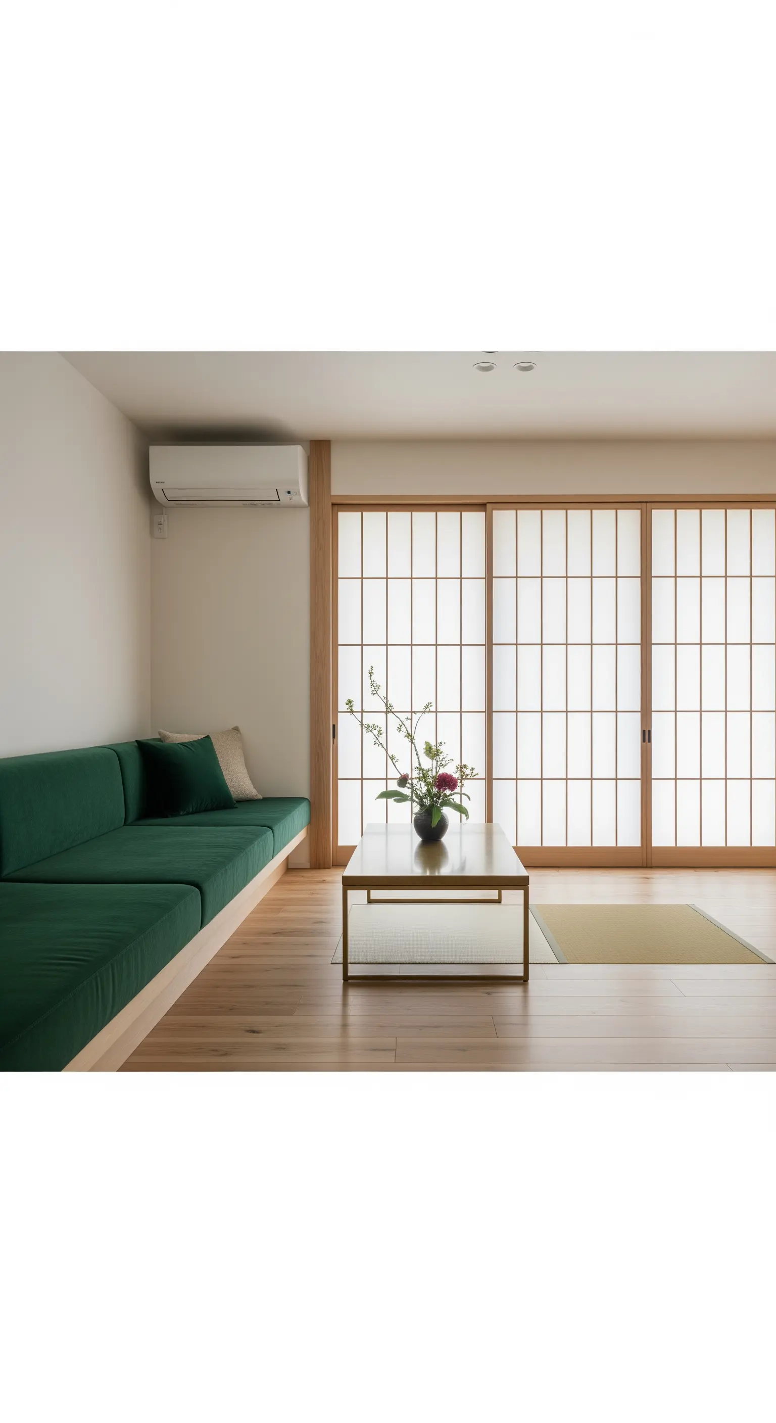 Ambiente in stile giapponese con seduta integrata verde, porte shoji e tavolino basso in ottone.