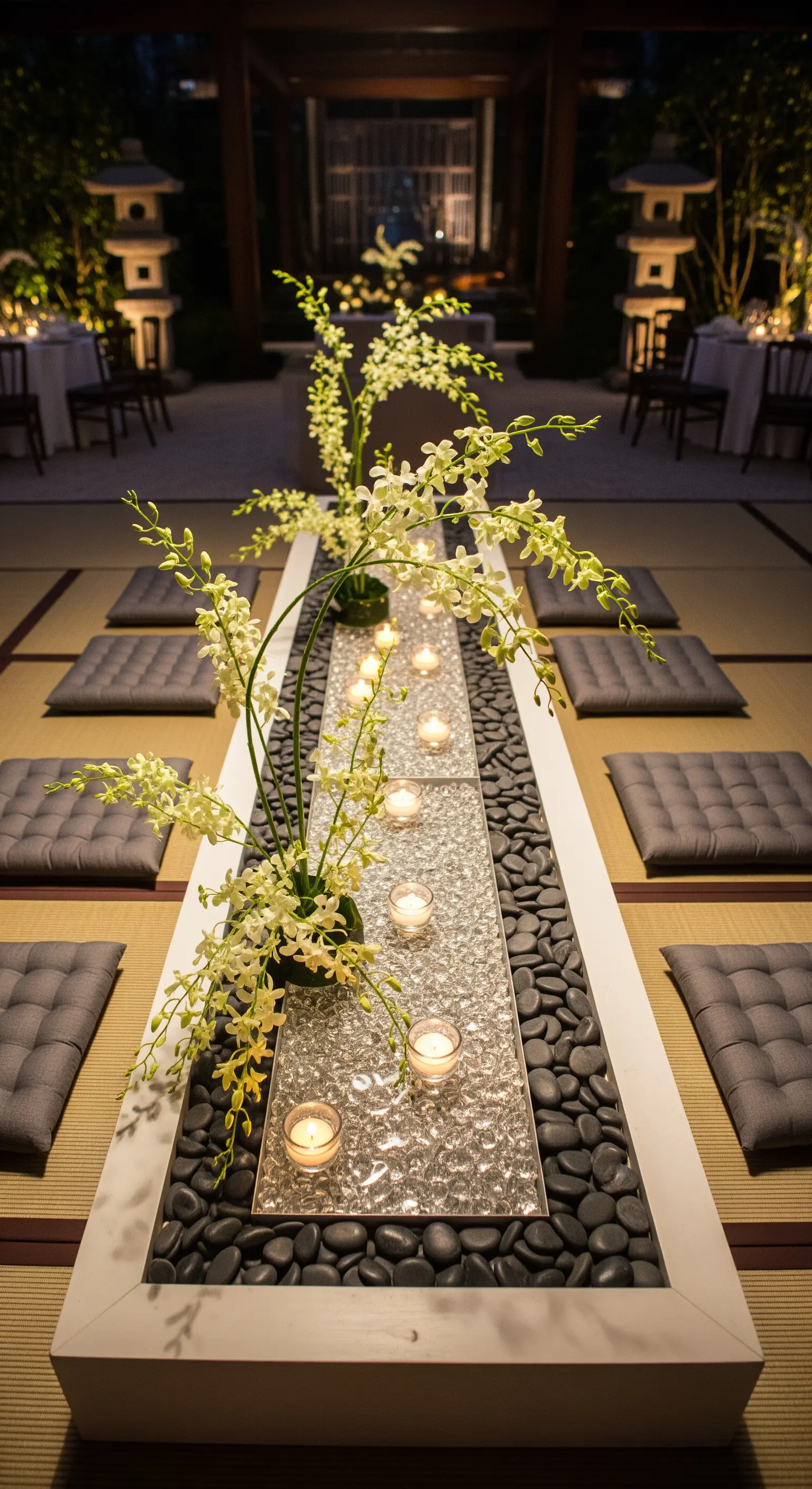 Tavolo basso in stile giapponese con runner di cristalli, pietre nere e orchidee.