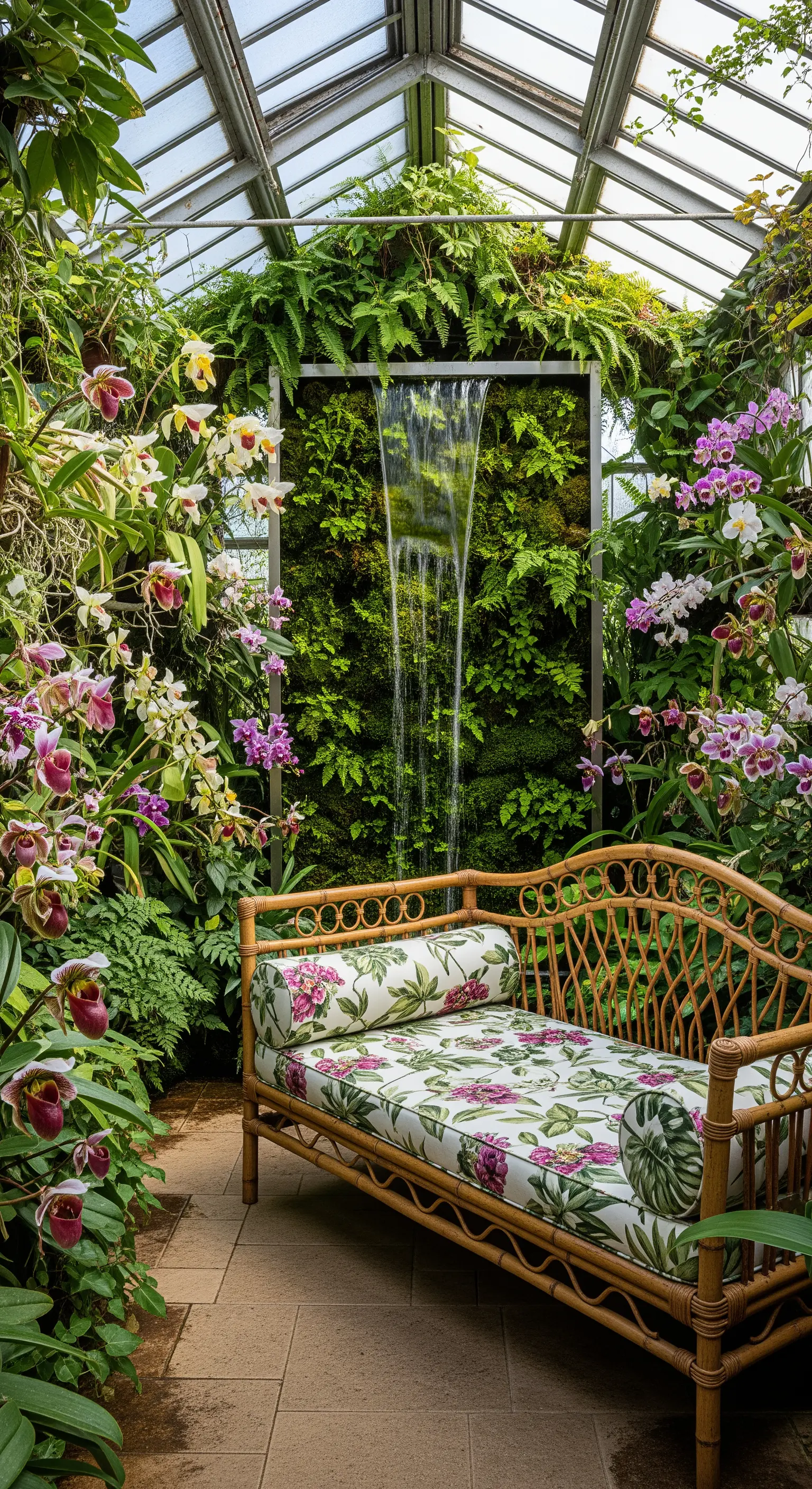 Serra con parete verde, cascata, lettino in rattan e una moltitudine di orchidee rare.