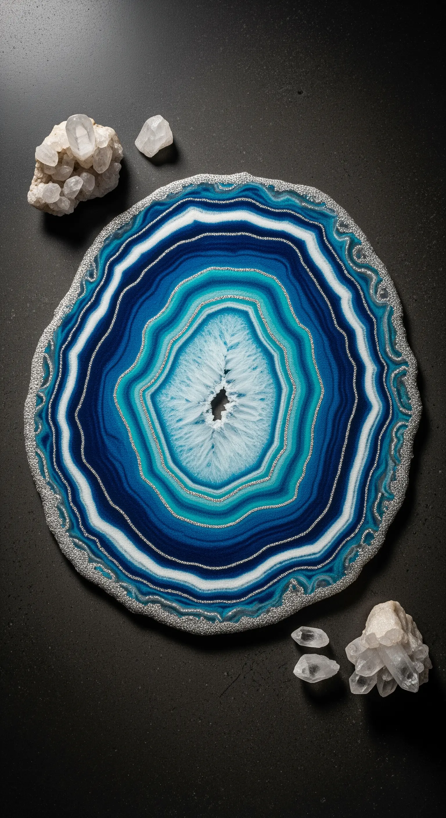 Tappeto rotondo irregolare che imita una sezione di agata blu, con dettagli argentati.