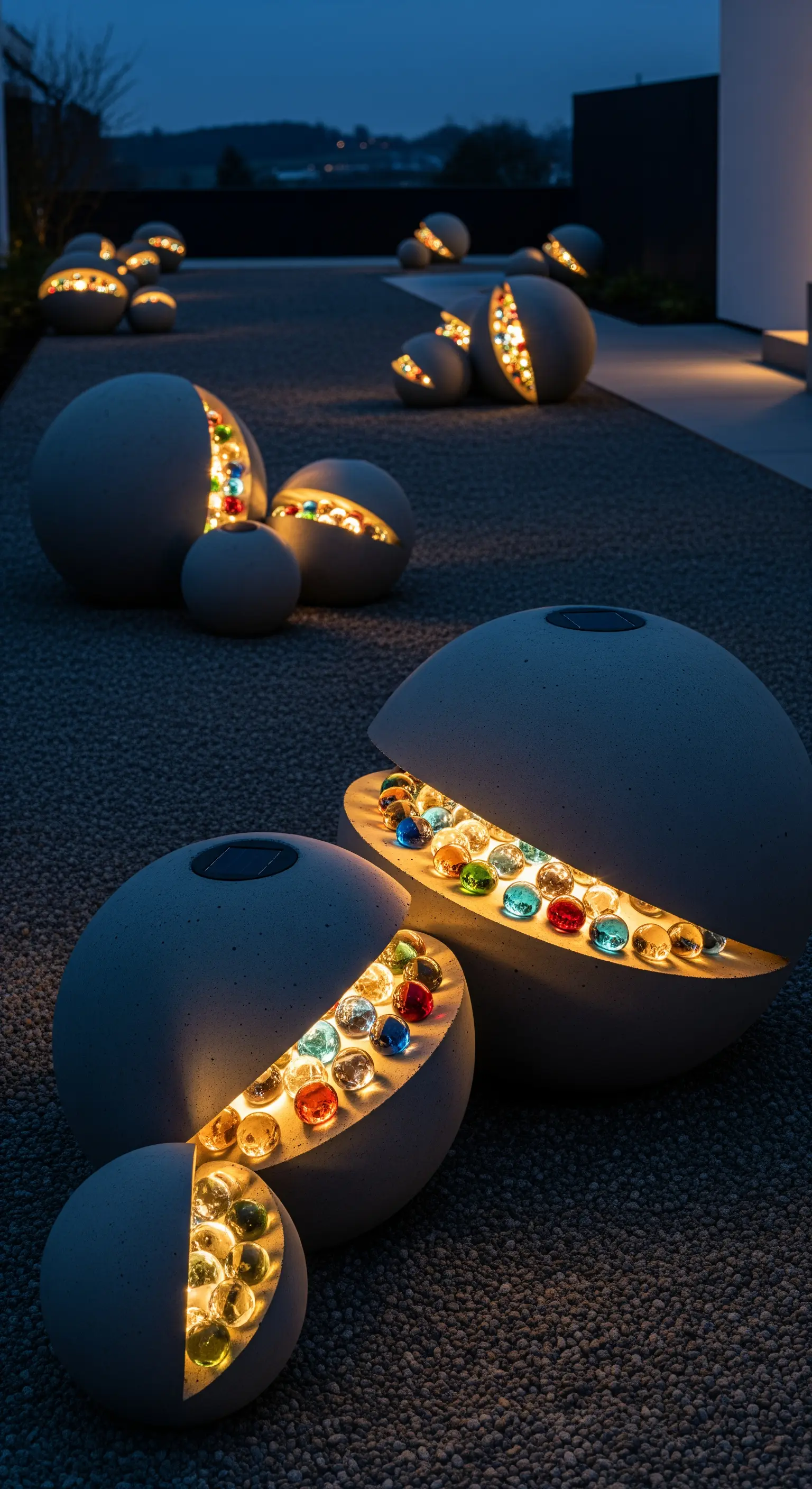 Sculture sferiche in cemento aperte per rivelare biglie colorate illuminate dall'interno.