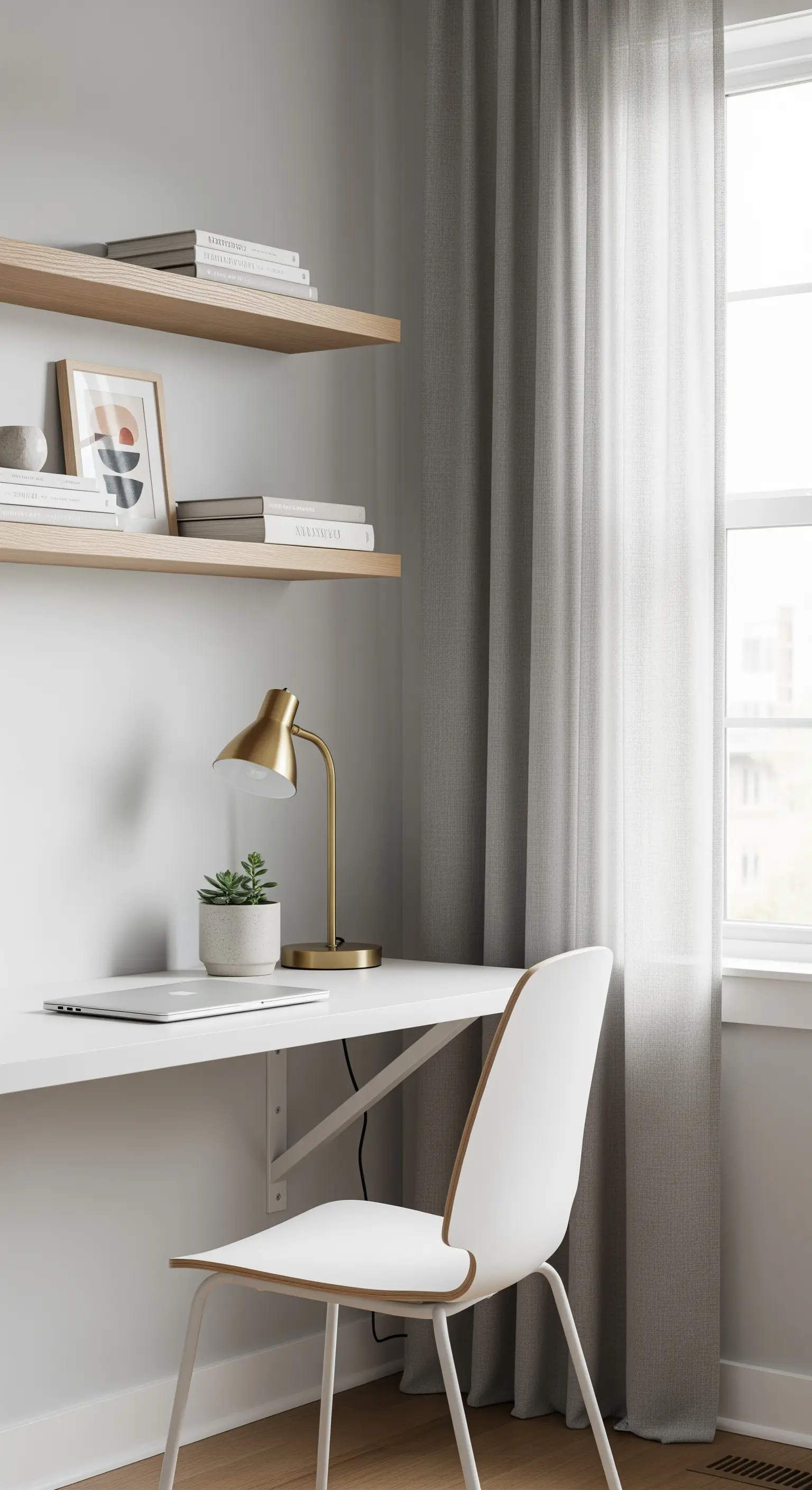Scrivania bianca minimalista con mensole in legno chiaro e sedia di design.