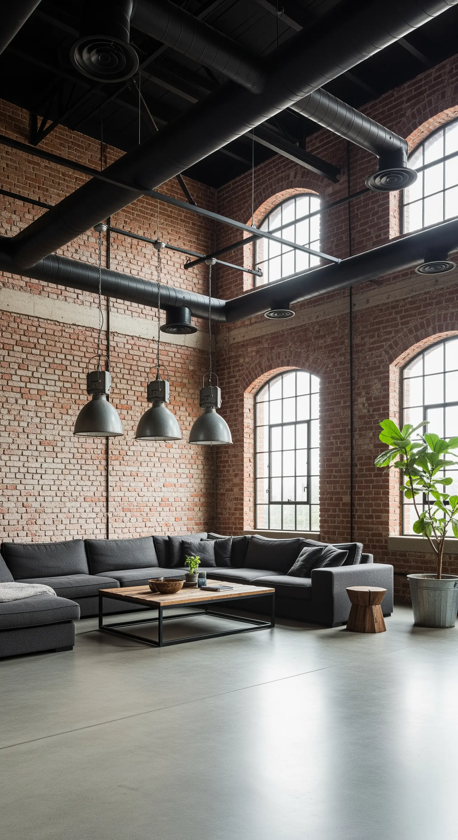 Salotto industriale in un loft con soffitti alti, pareti in mattoni rossi e tubature a vista.