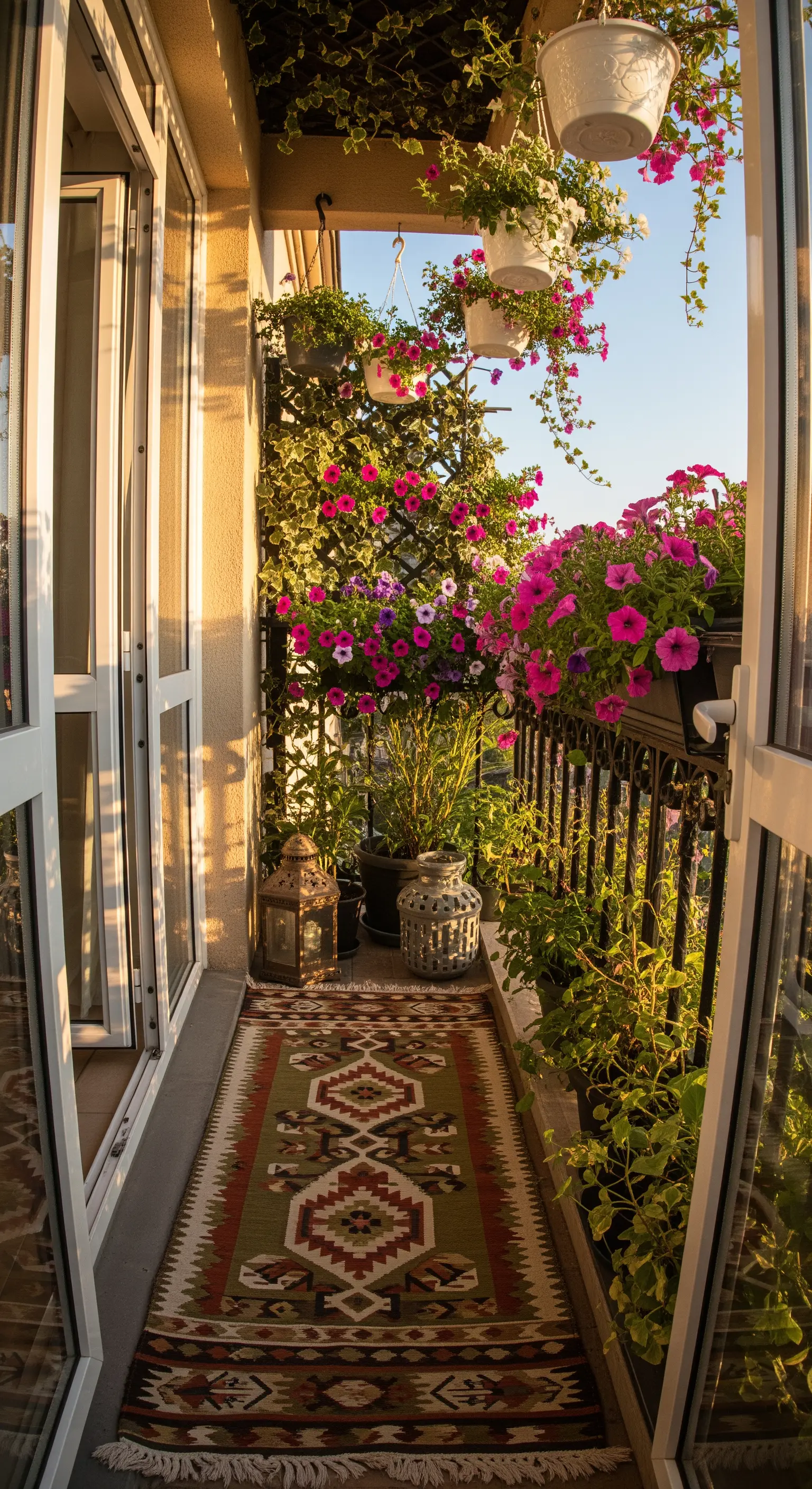 Balcone stretto con fiori rampicanti, tappeto runner etnico e lanterne marocchine.