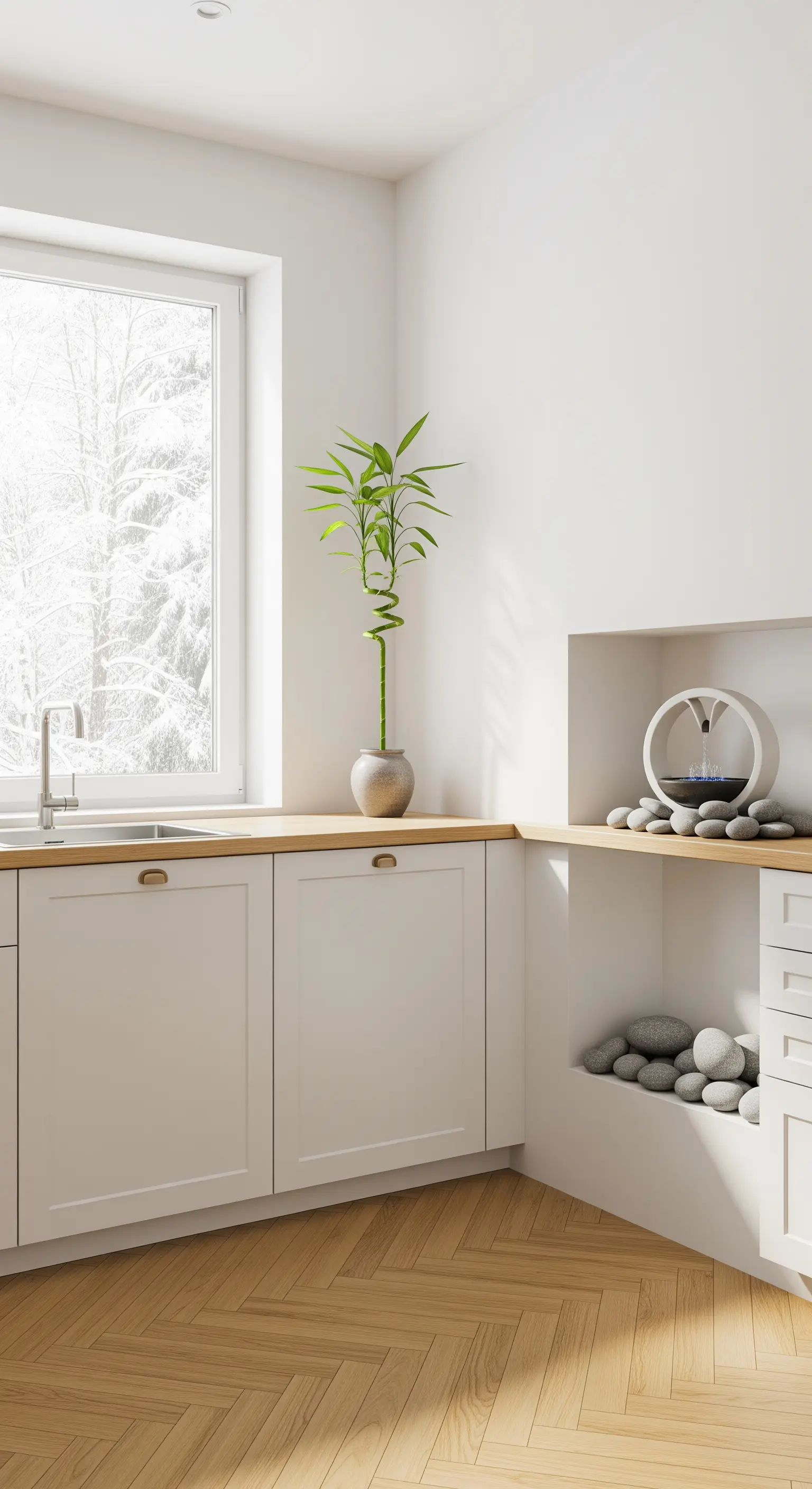Angolo cucina bianco con nicchie contenenti una fontana da tavolo e pietre levigate.