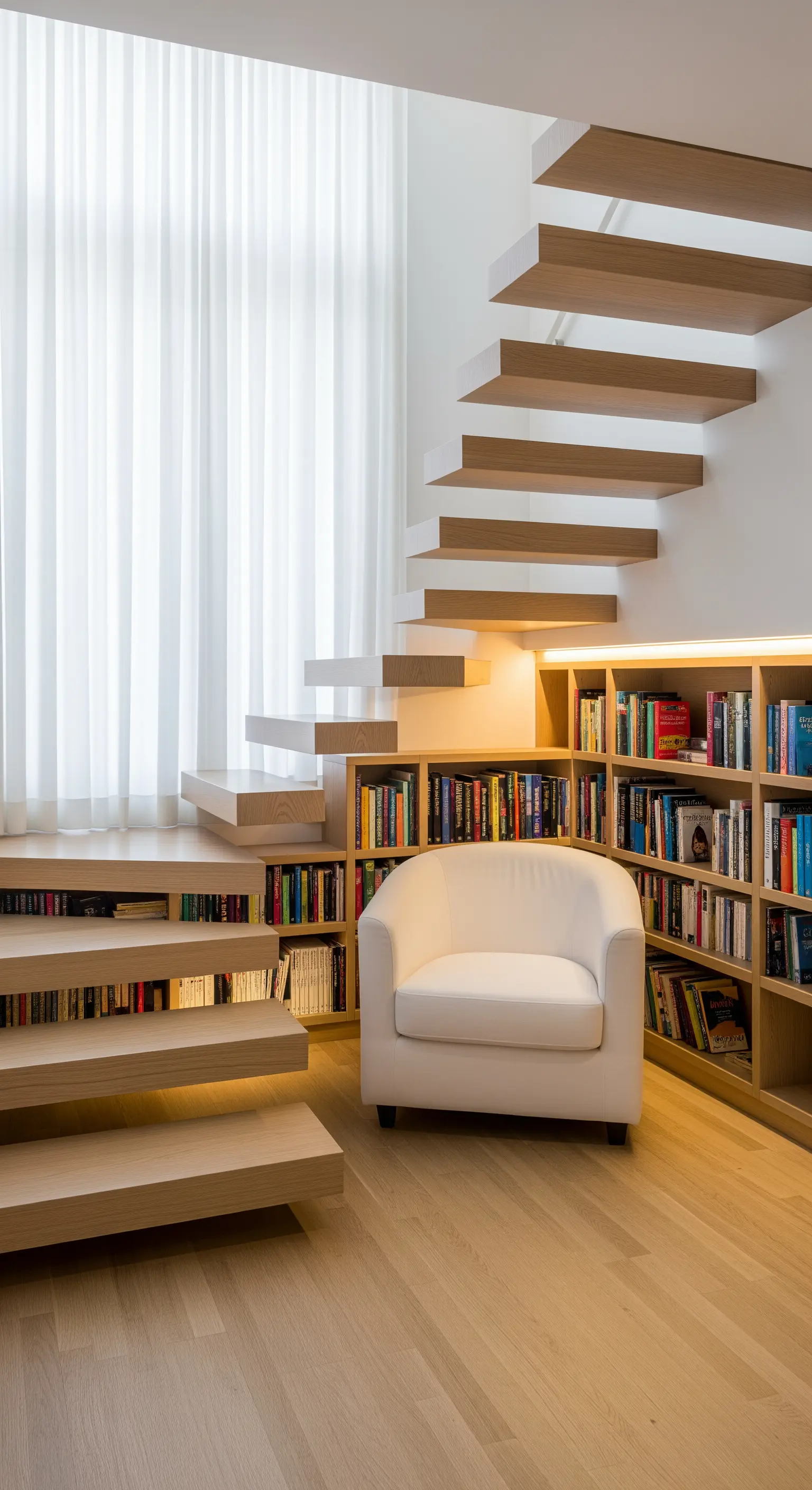 Angolo lettura sotto una scala di design con libreria integrata e poltrona bianca.