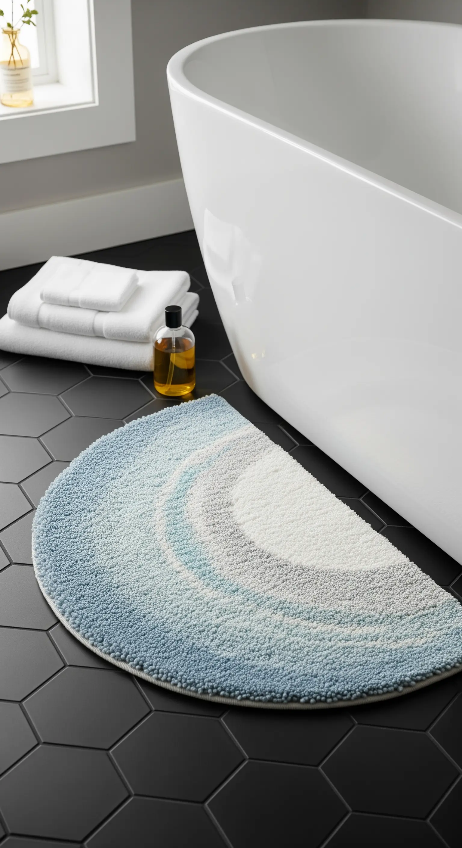 Tappeto a mezzaluna con sfumature di blu e bianco, accanto a una vasca da bagno moderna.