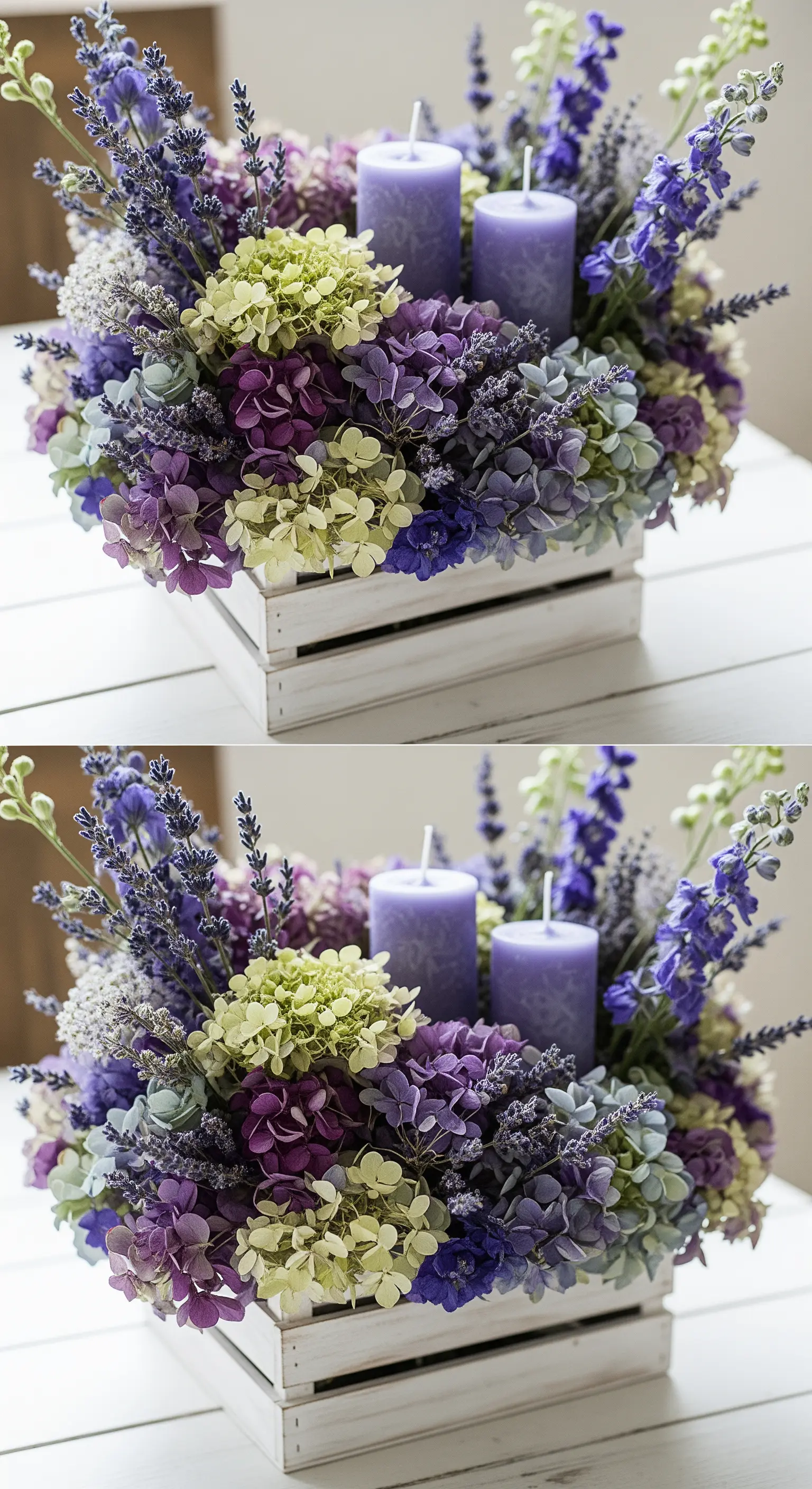 Cassetta di legno bianca con ortensie, lavanda e candele viola.