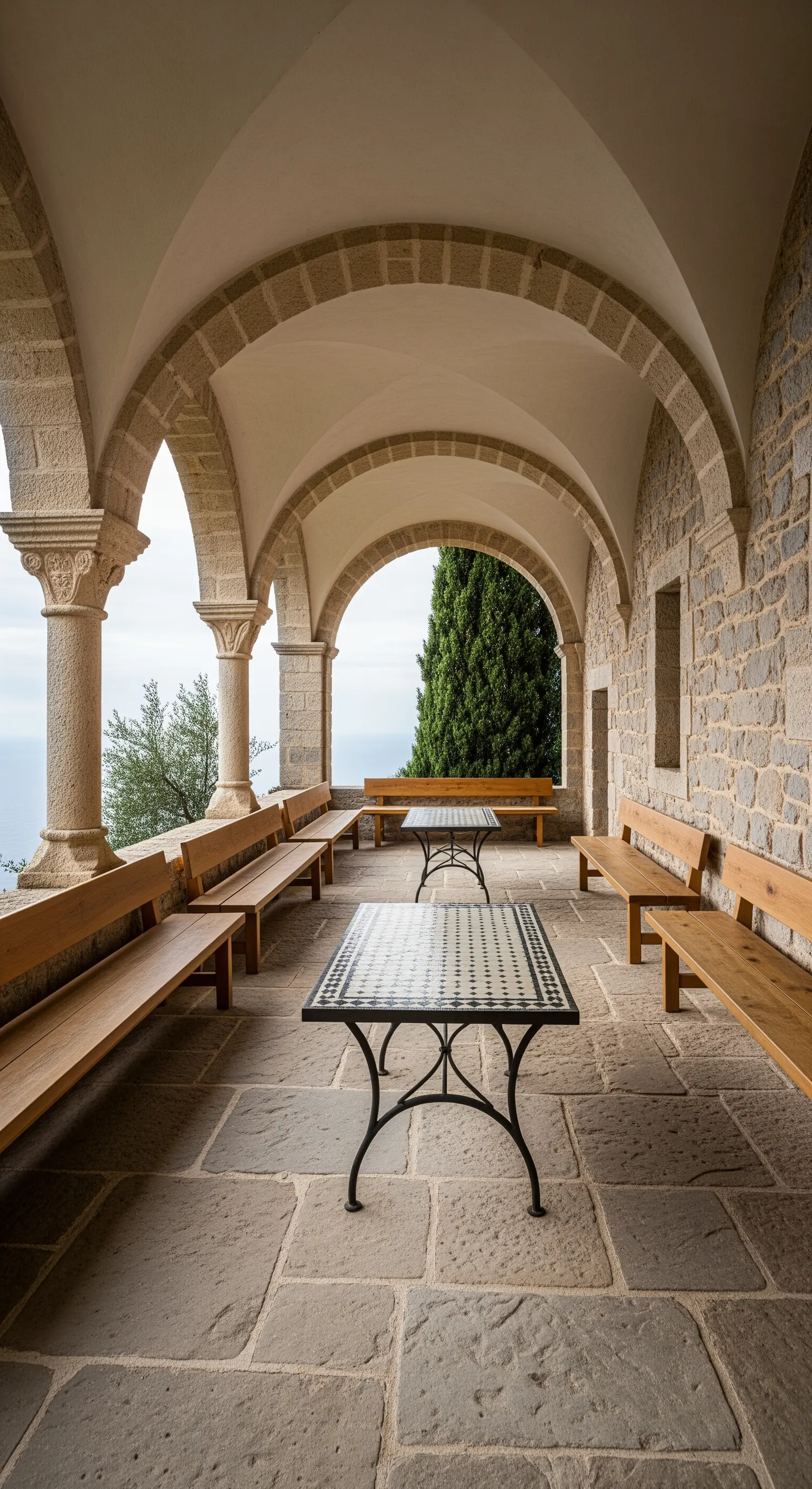 Portico in pietra con lunghe panche in legno e tavoli a mosaico.