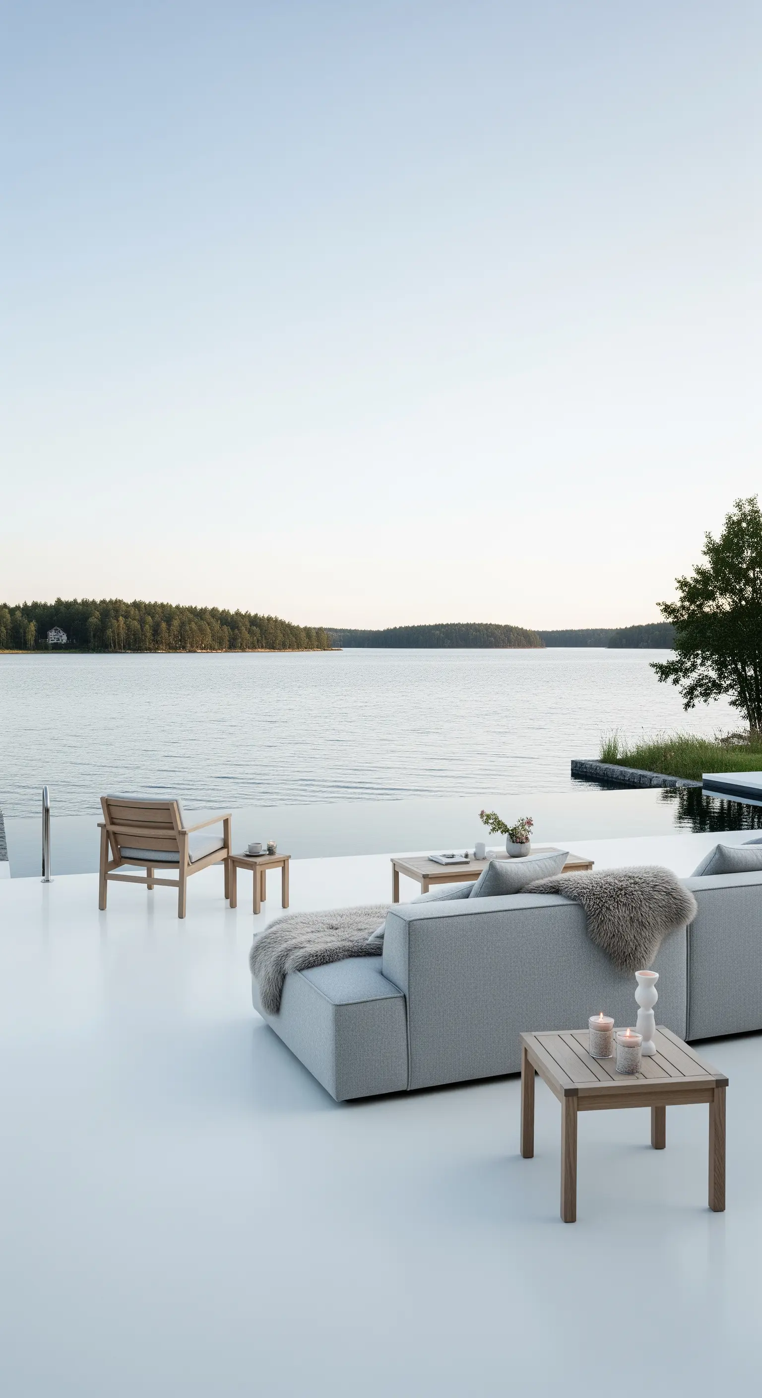 Patio minimalista sul lago con pavimento in resina bianca e divani grigi in stile scandinavo.