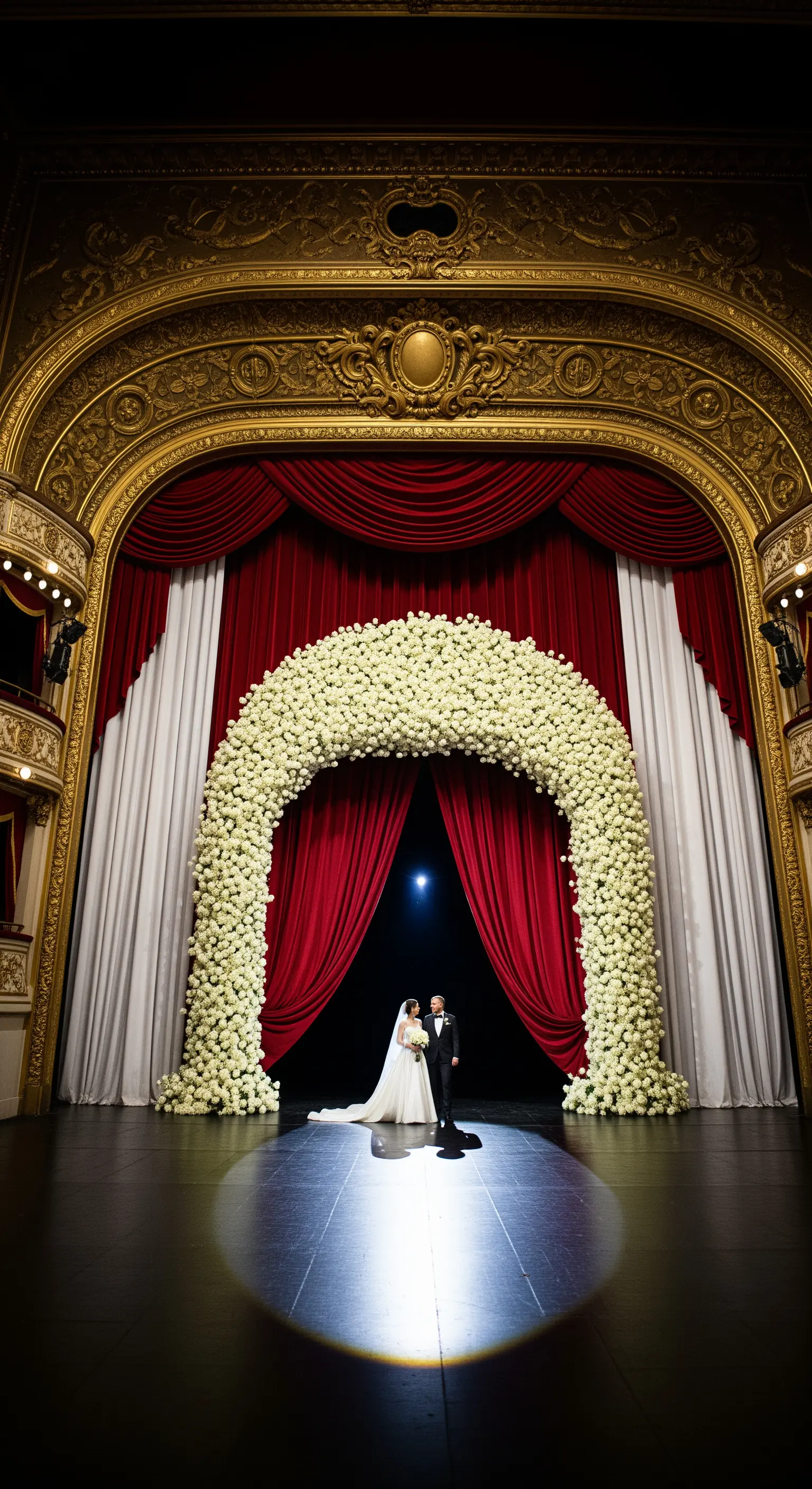 Grandioso arco di rose bianche sul palco di un teatro, con un sipario rosso sullo sfondo.