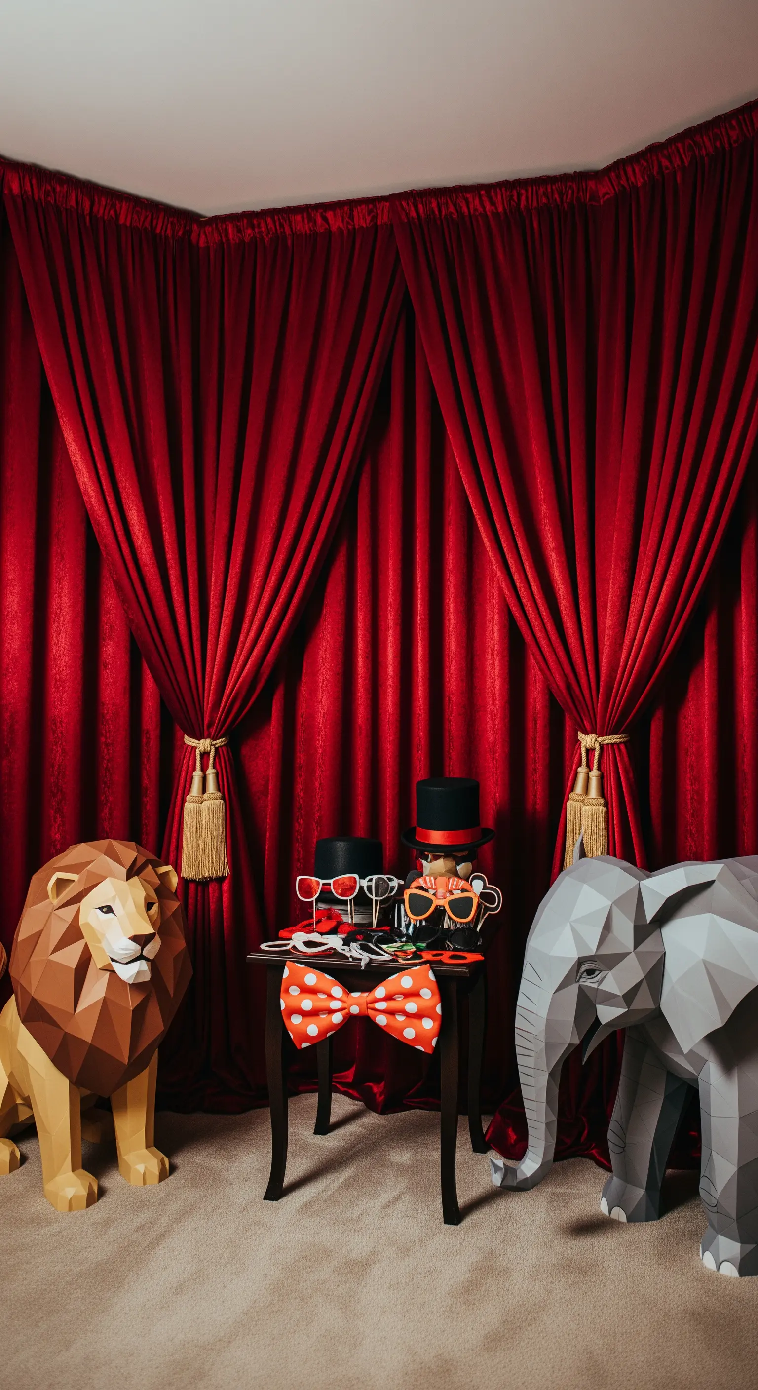 Photo booth con tende di velluto rosso, animali di carta e accessori divertenti.