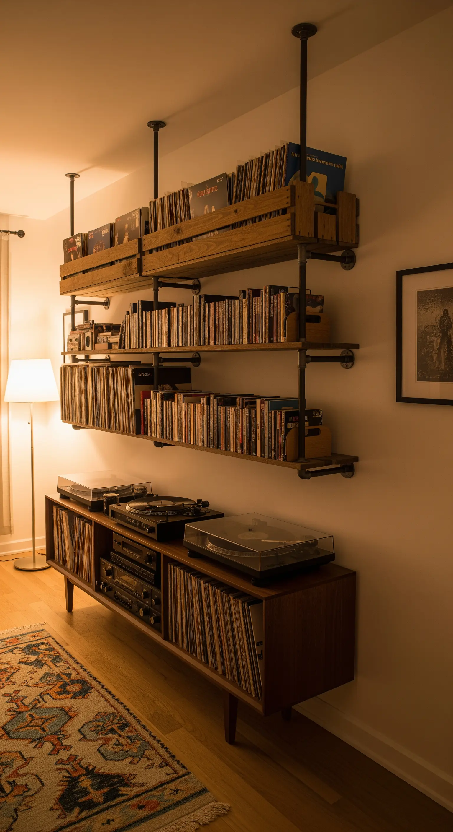 Scaffalatura industrial con tubi metallici e cassette di legno per contenere una collezione di vinili.