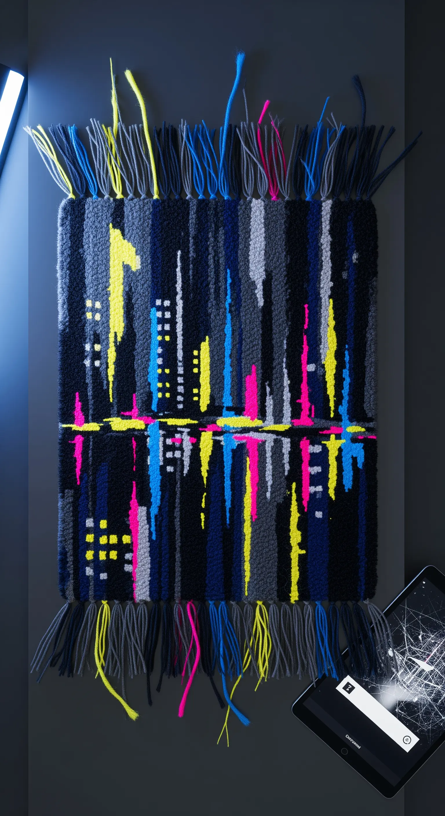 Arazzo scuro con linee verticali di colore neon che rappresentano uno skyline notturno.