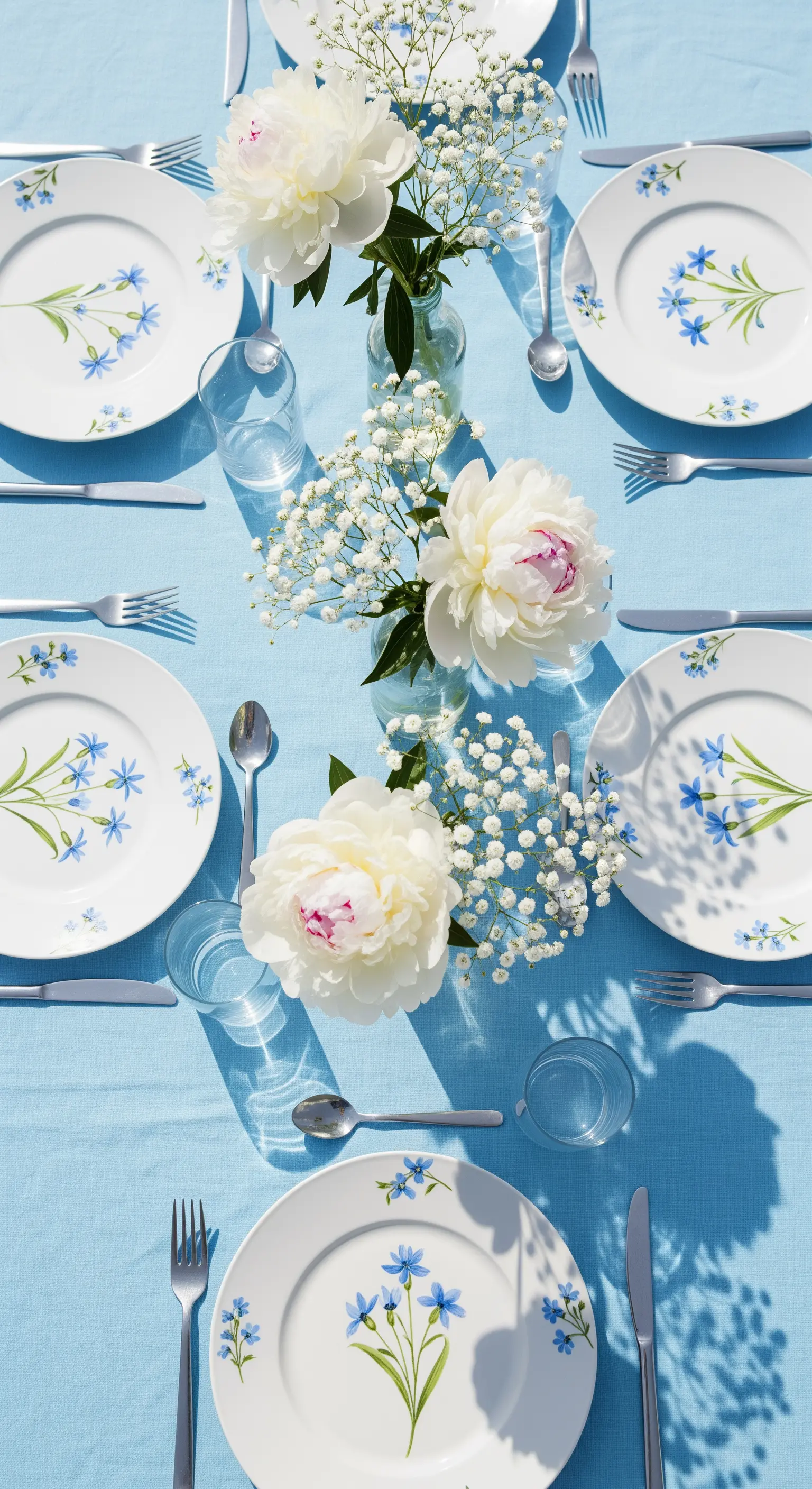 Tavola primaverile con tovaglia azzurra, piatti con decori floreali e peonie bianche in vasetti di vetro.