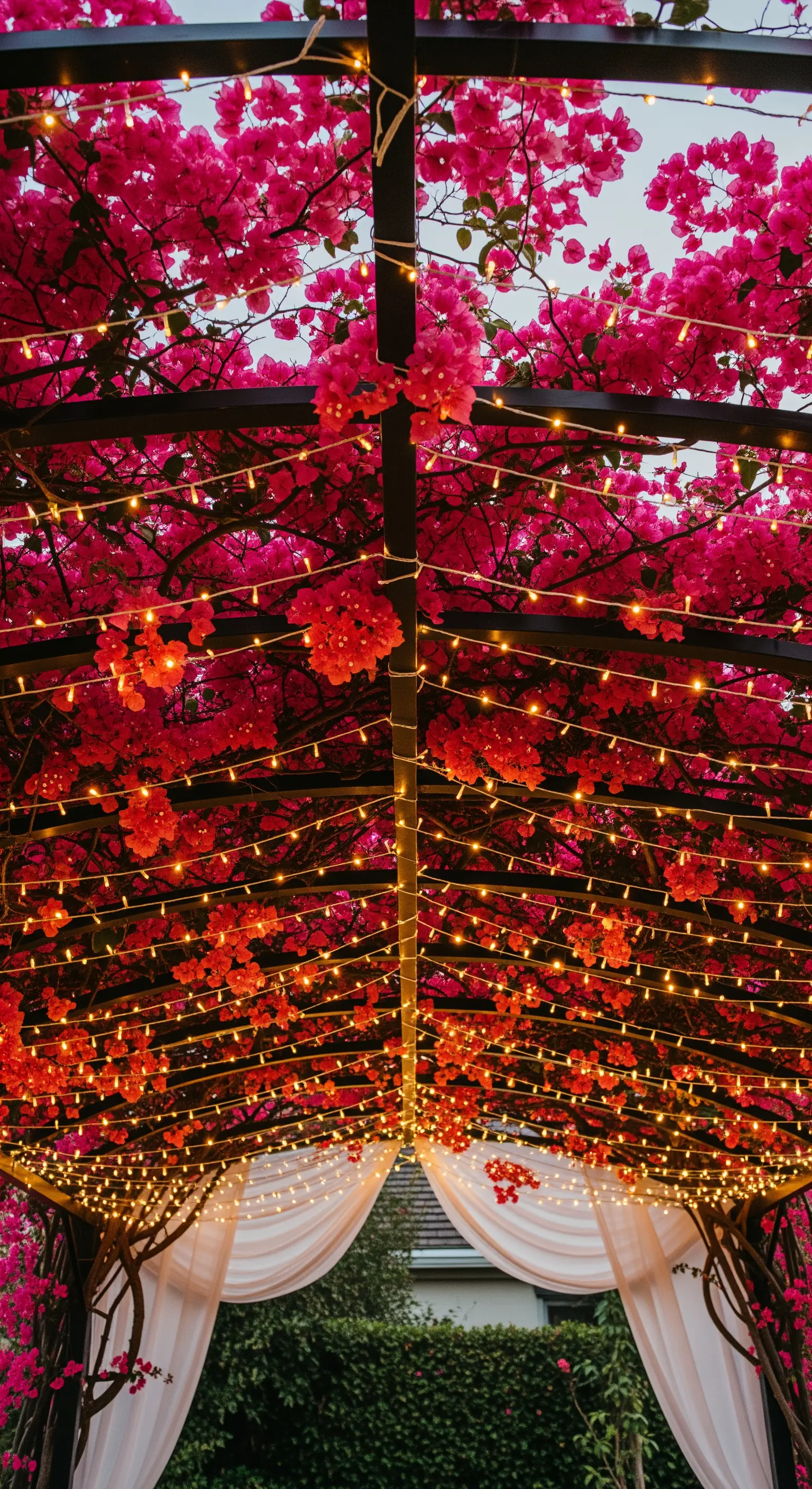 Tunnel di bouganville fucsia illuminato da innumerevoli lucine calde.