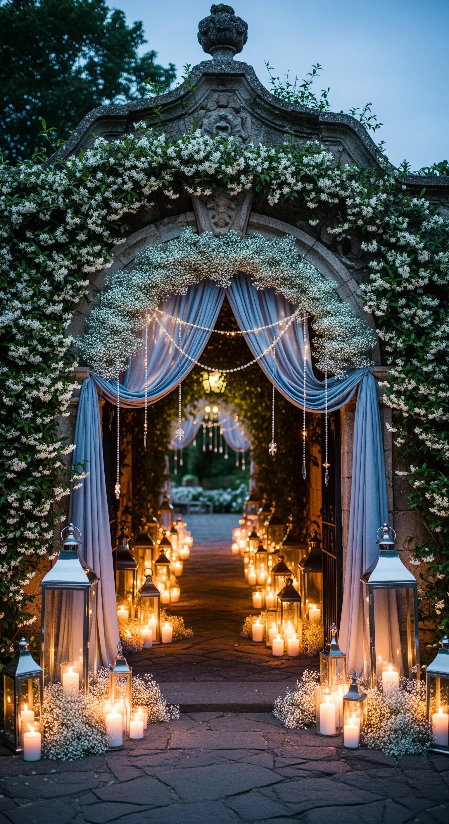 Portale in pietra decorato con fiori bianchi, drappi azzurri e un sentiero di lanterne e candele.