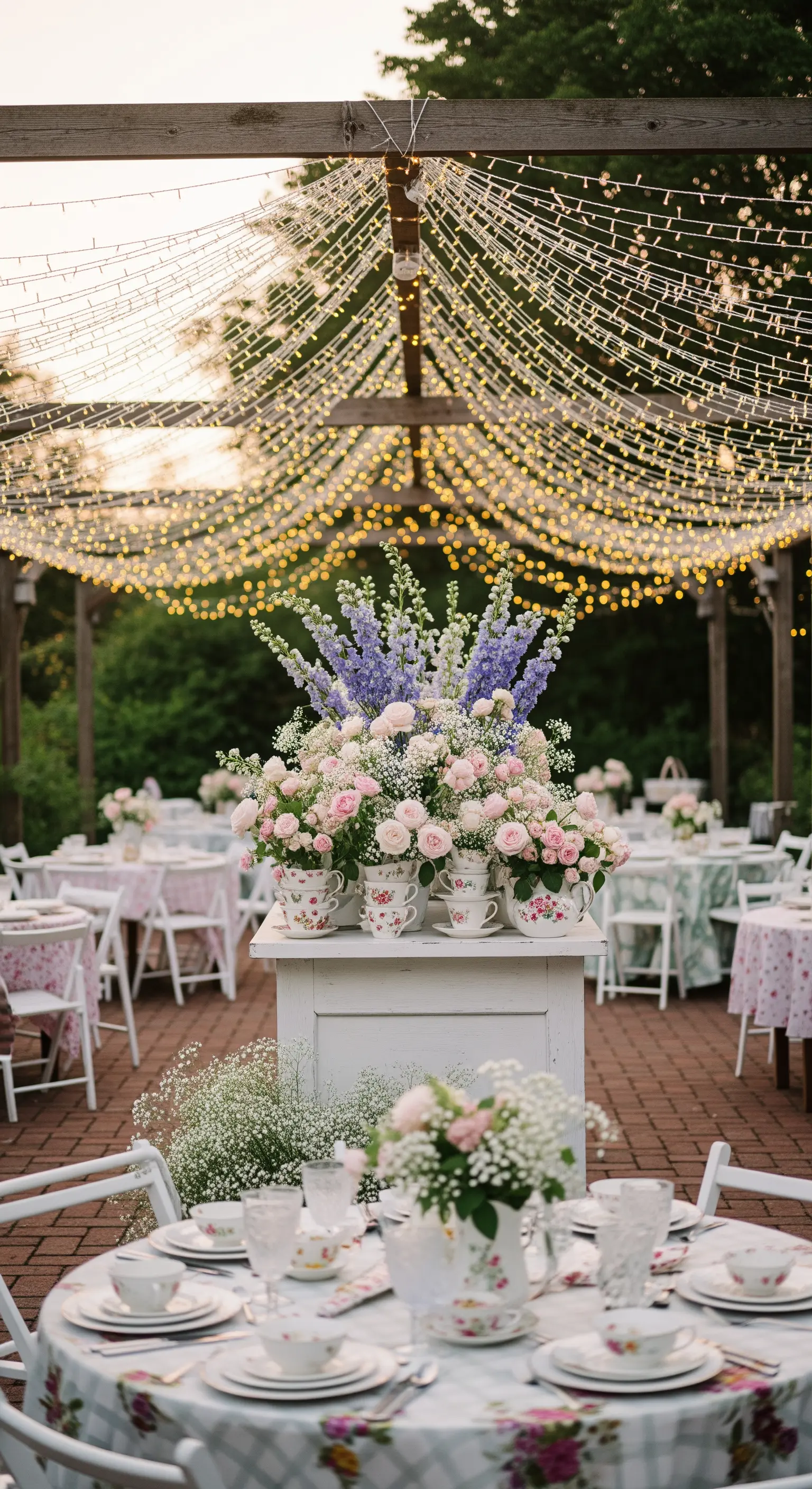 Tavoli allestiti per un garden party con un soffitto di lucine e fiori in tazzine da tè.