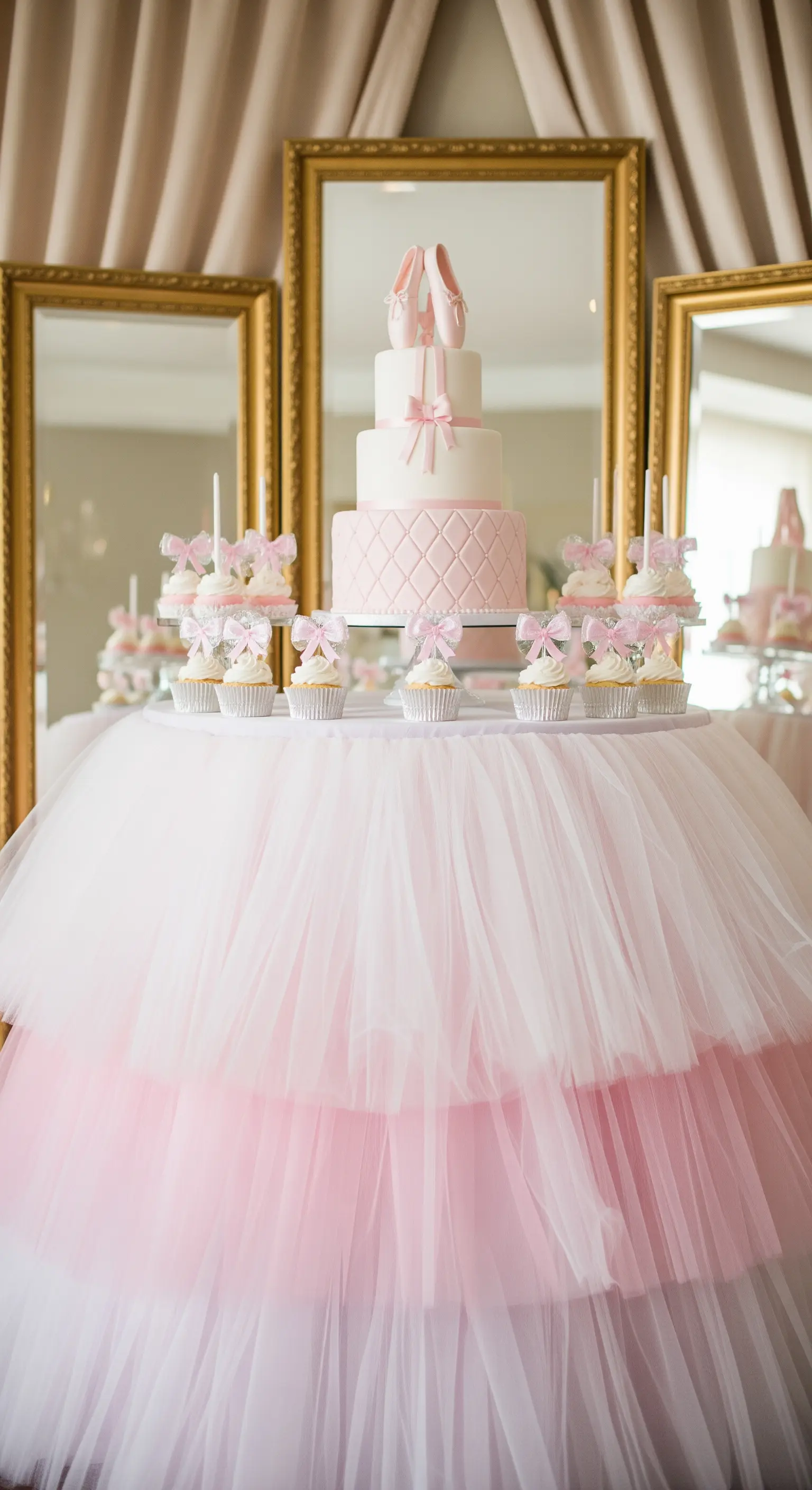 Torta da ballerina su un tavolo con gonna di tulle rosa, incorniciata da specchi dorati