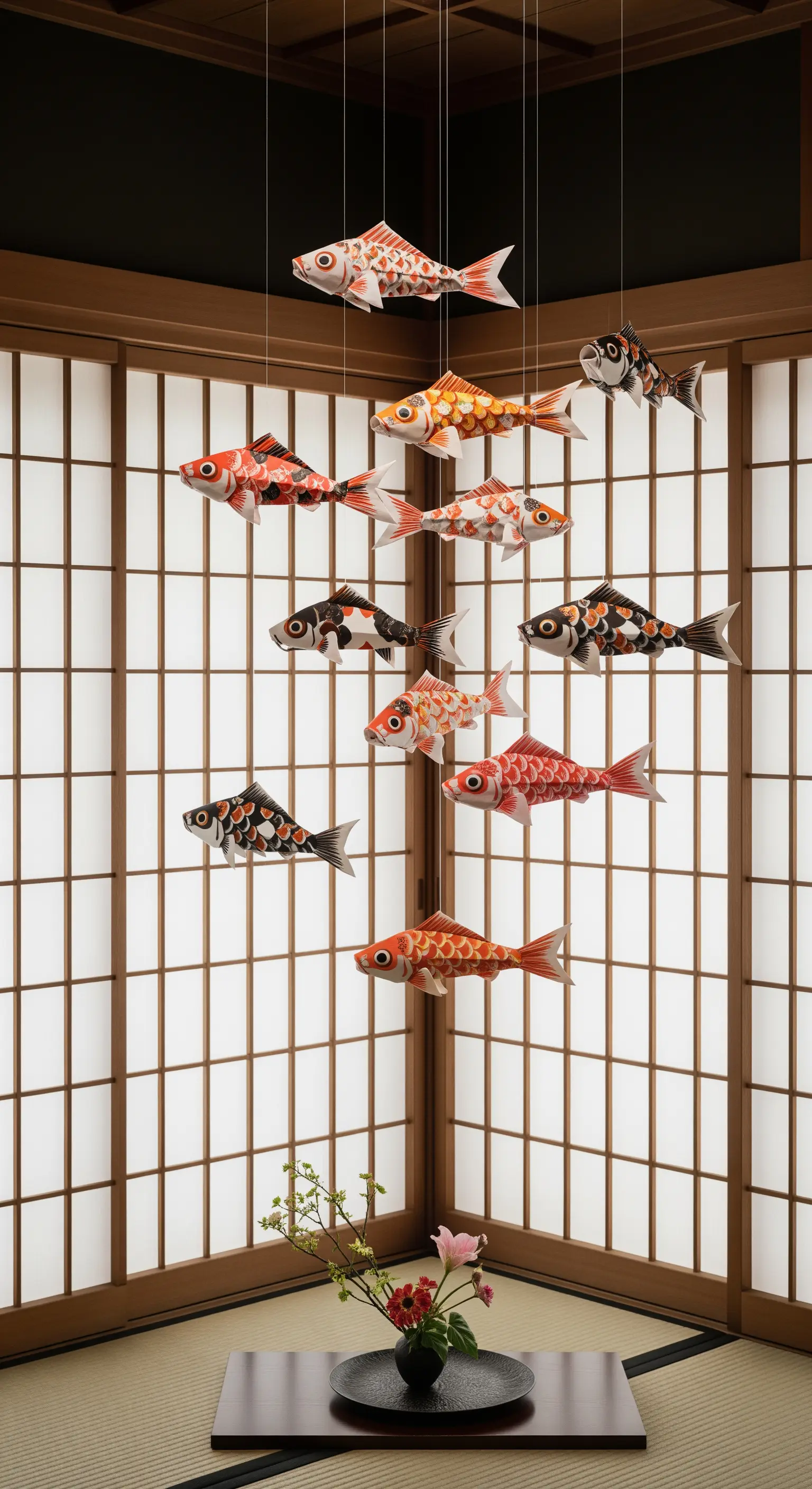 Pesci koi di origami sospesi in un angolo con pareti scorrevoli in stile giapponese.