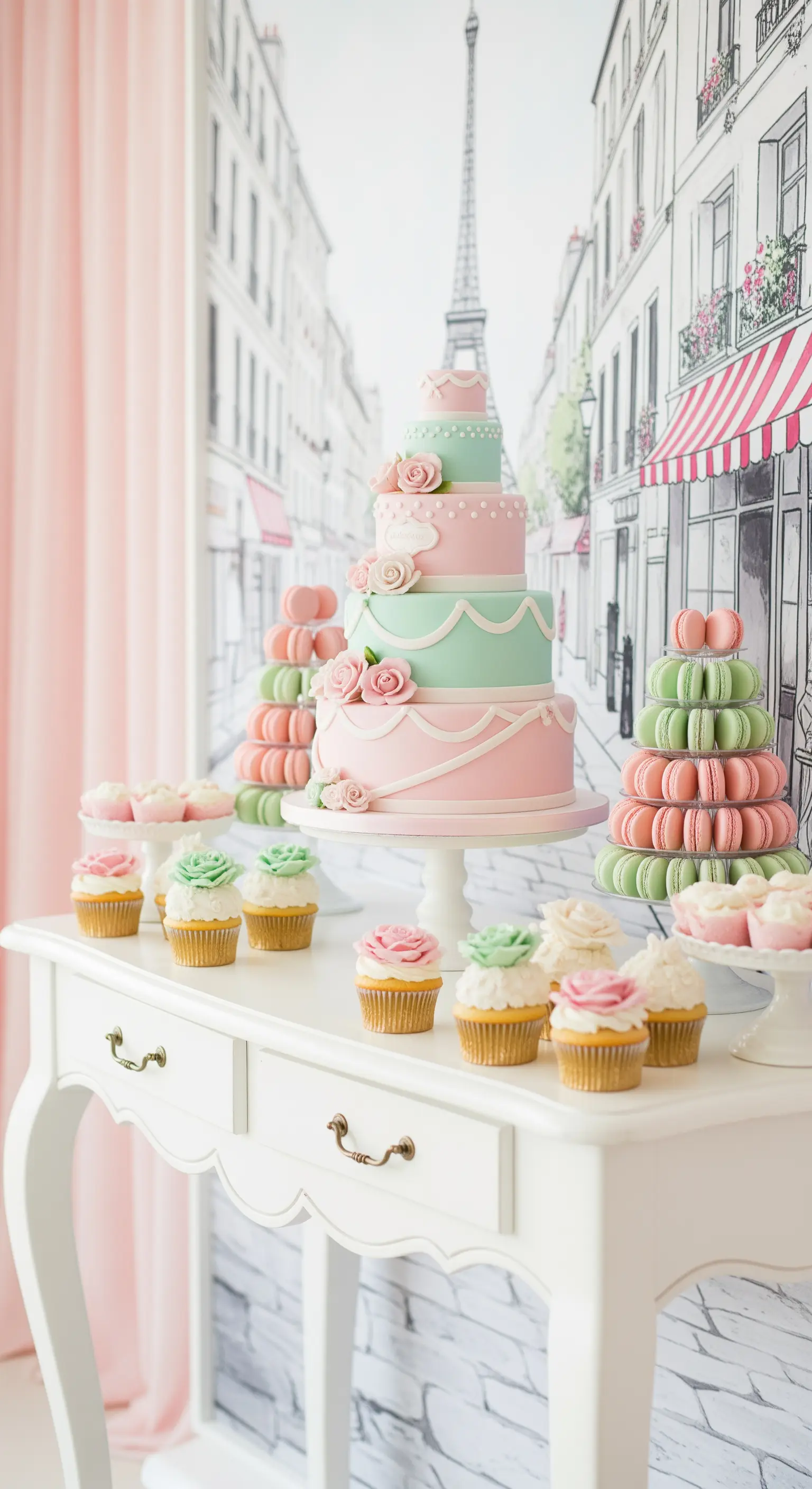 Sweet table parigino con torta a piani rosa e verde menta, e sfondo con la Torre Eiffel
