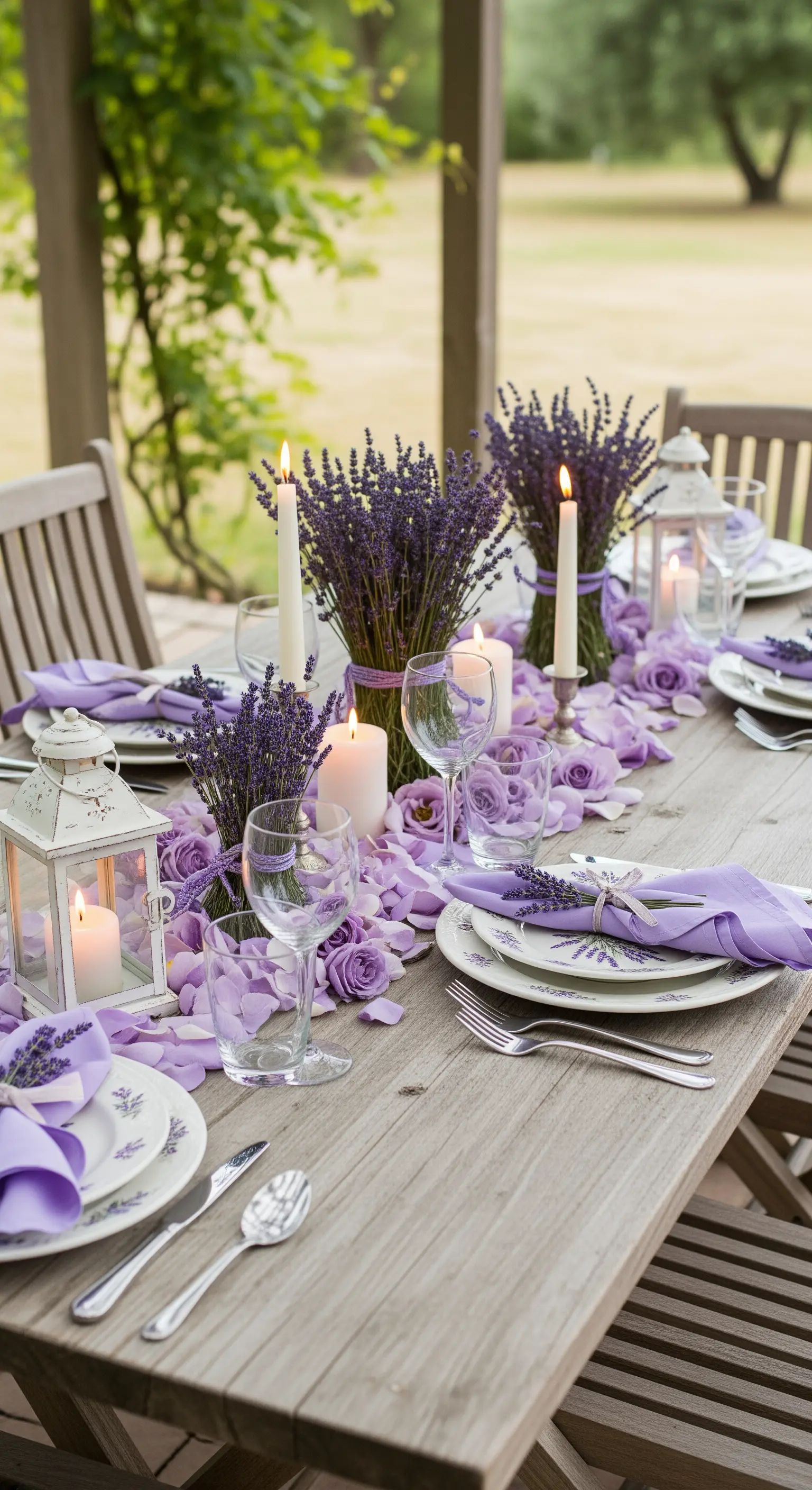 Tavola in legno all'aperto con mazzi di lavanda, lanterne bianche e tovaglioli lilla