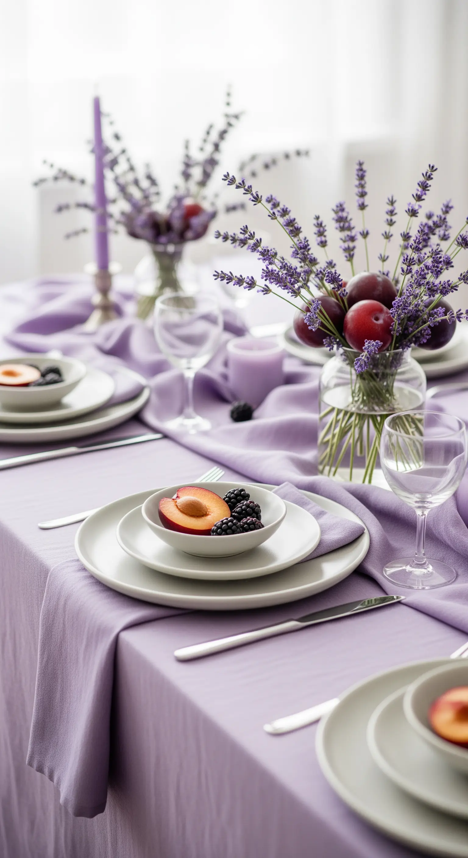 Tavola monocromatica lilla con bouquet di lavanda e prugne.
