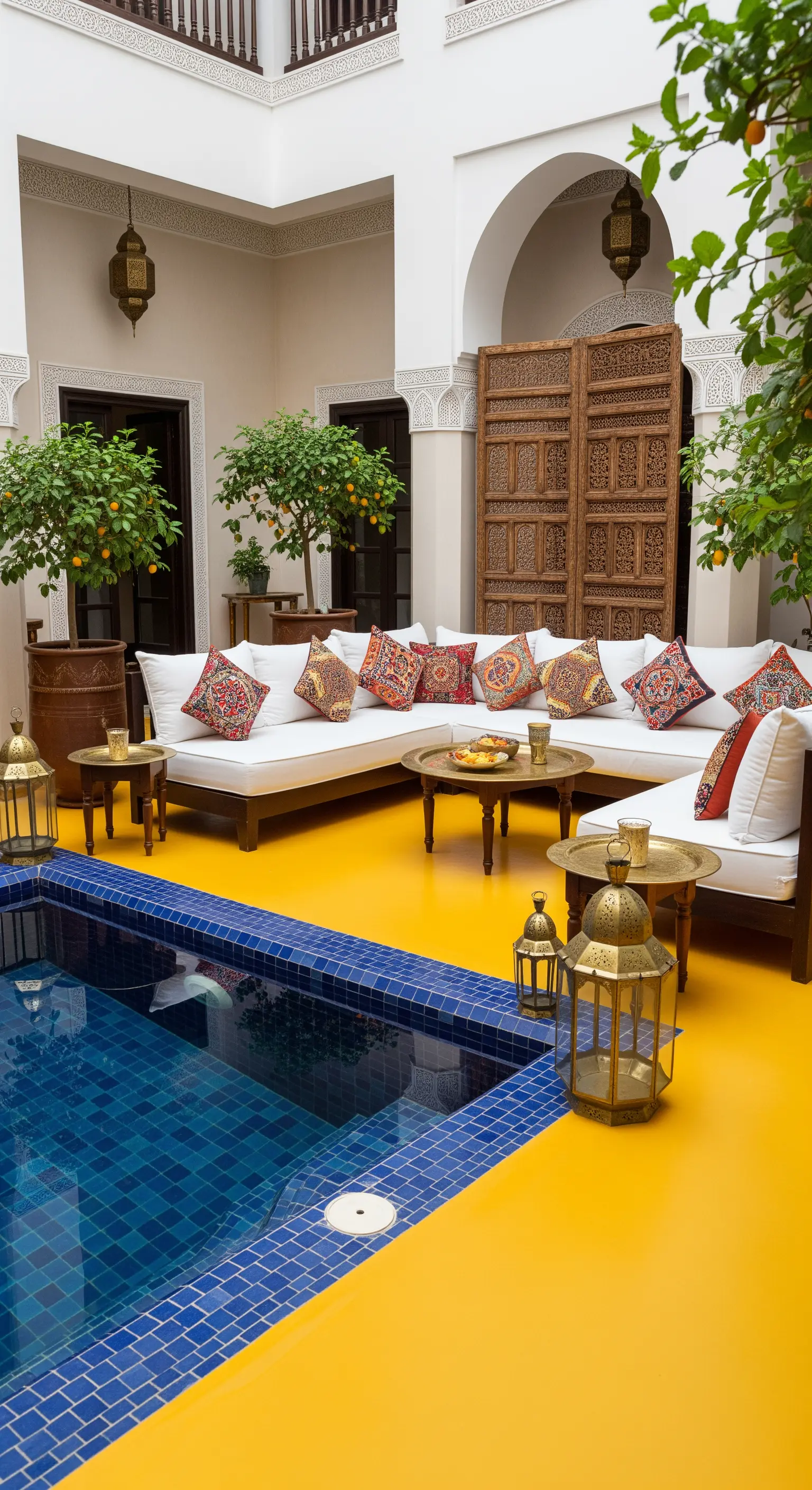 Riad marocchino con pavimento in resina gialla, piscina interna e cuscini etnici colorati.