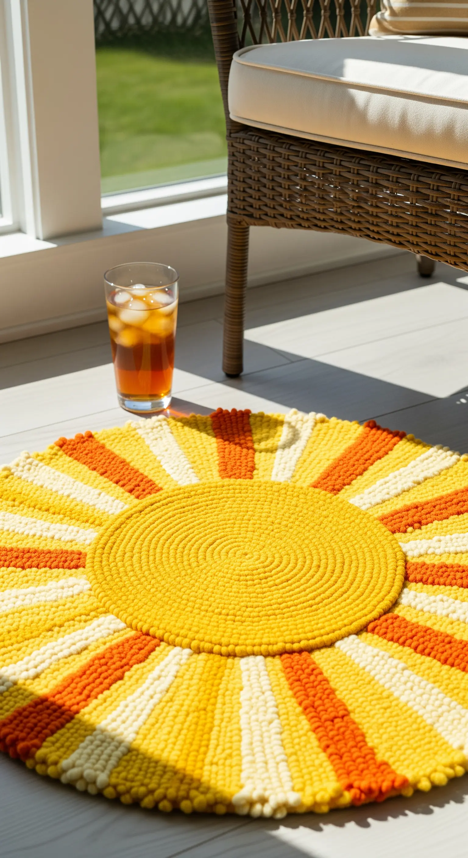 Tappeto rotondo giallo e arancione a forma di sole, posizionato su un pavimento chiaro.