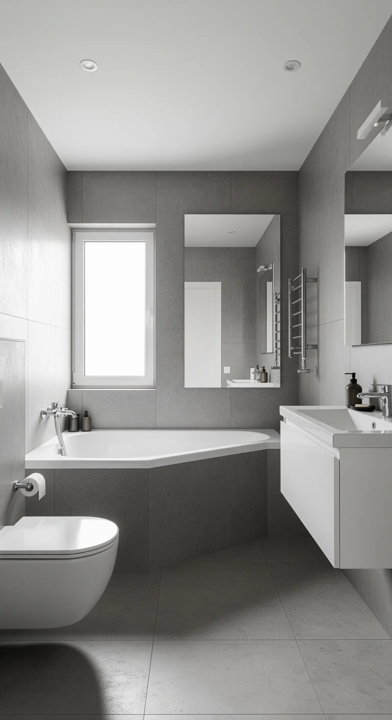 Bagno piccolo e moderno interamente rivestito in microcemento grigio con vasca integrata.