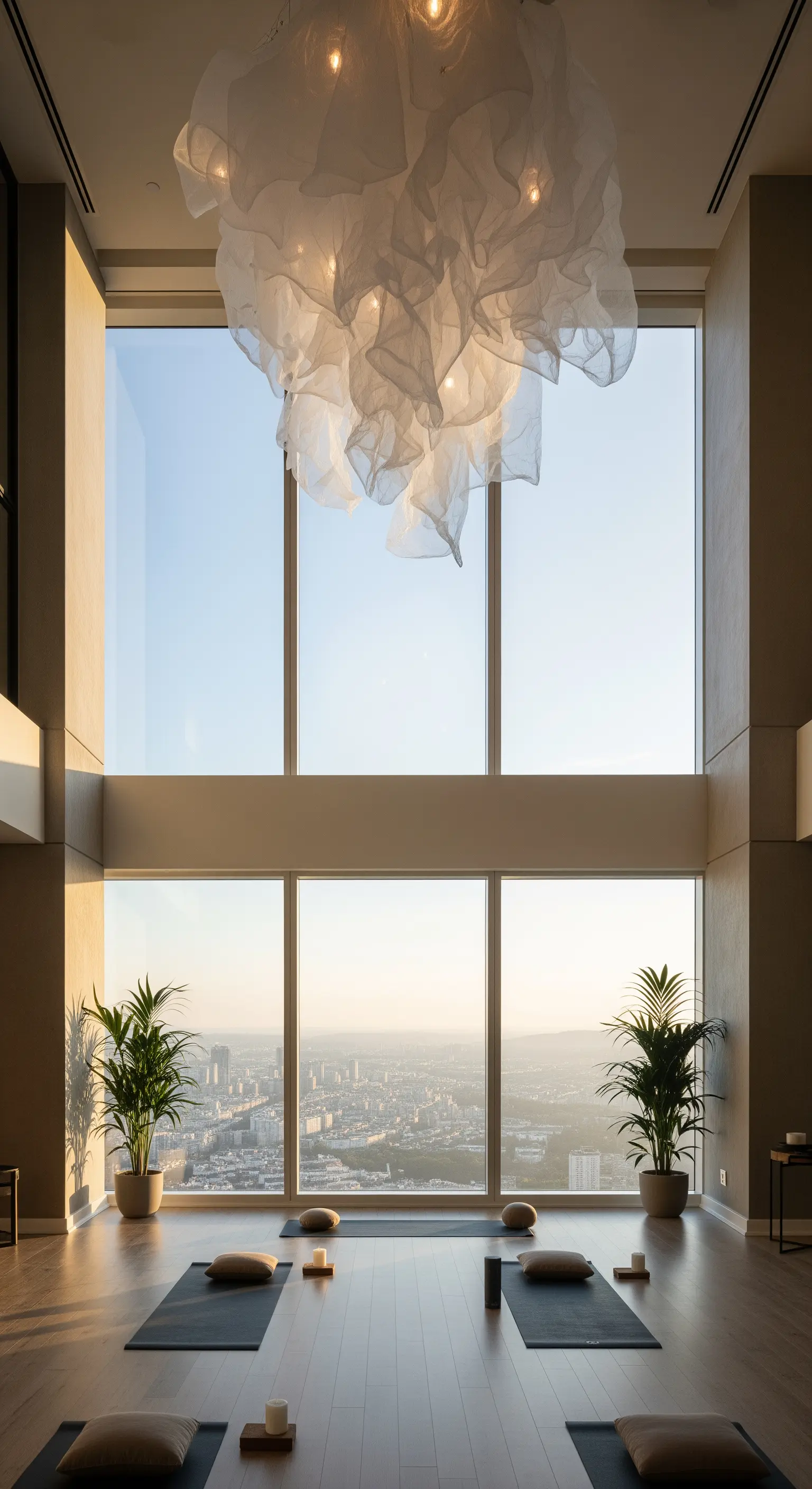 Sala yoga con vetrate panoramiche e un grande lampadario scultoreo a forma di nuvola.