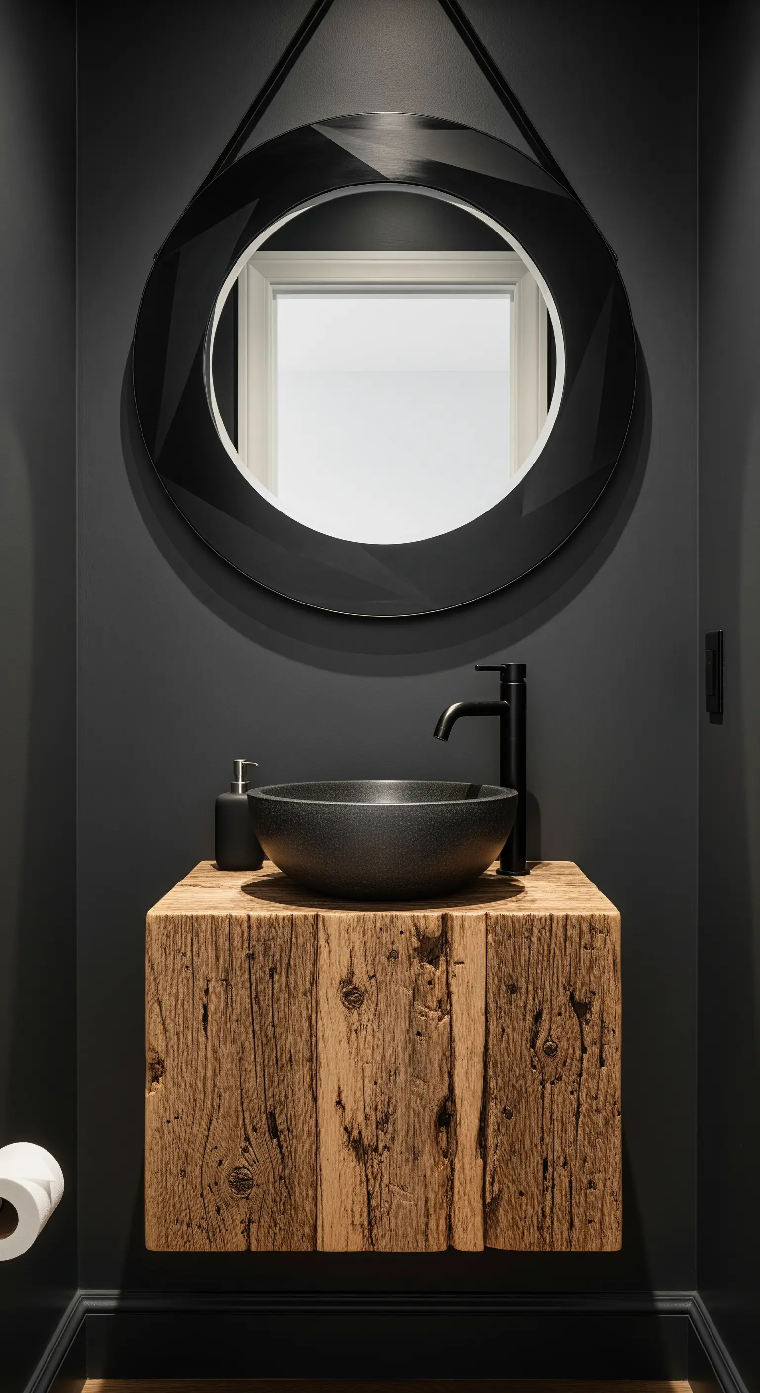 Lavabo sospeso in legno grezzo a blocco con specchio rotondo e pareti scure.