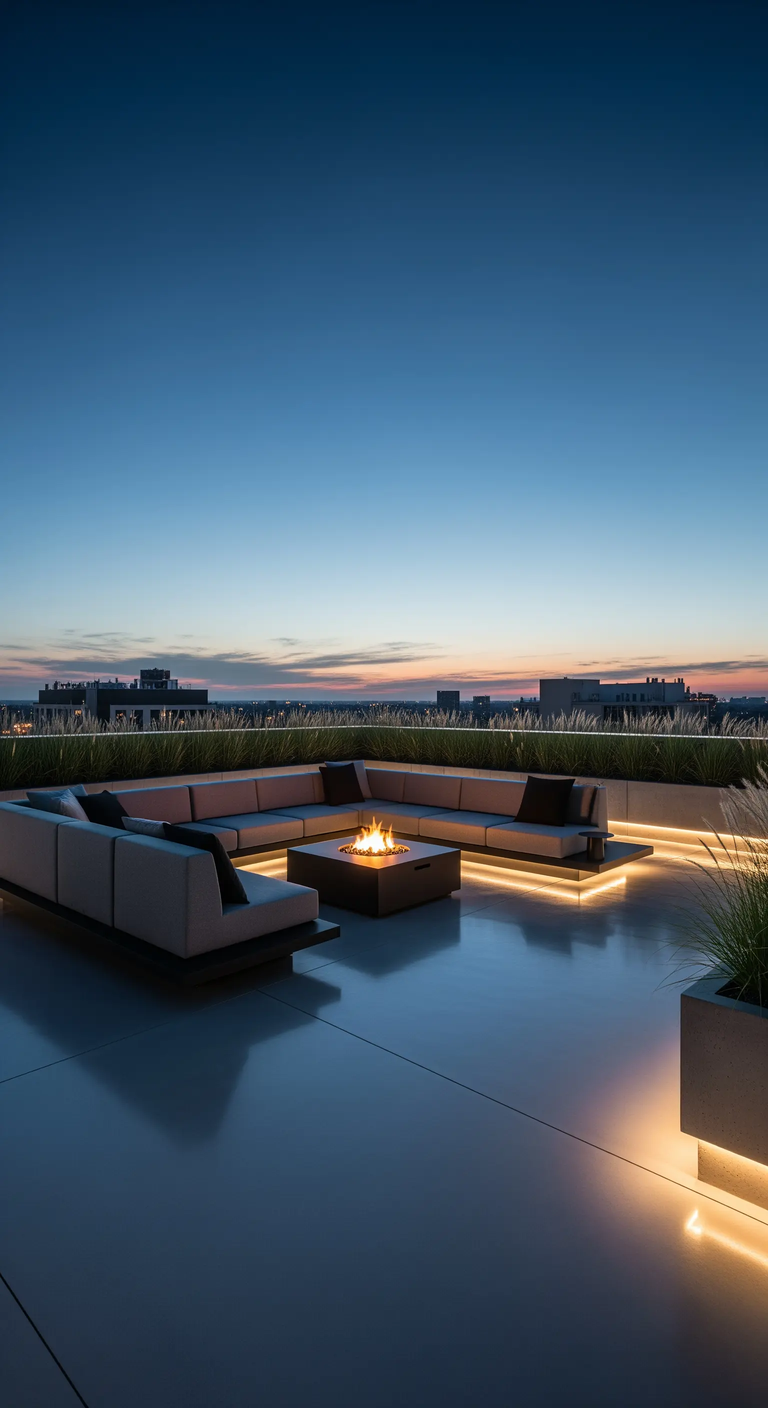 Patio moderno al tramonto con divano angolare illuminato da strisce LED inferiori e braciere centrale