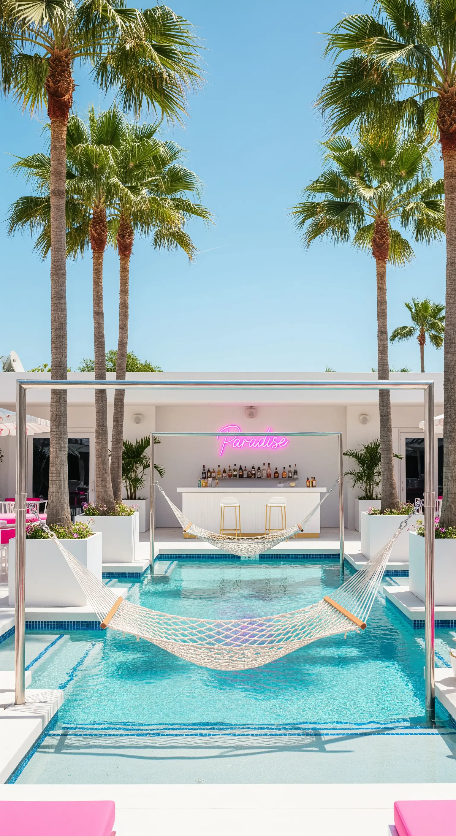 Amaca bianca sospesa su una piscina di fronte a un bar minimalista con insegna al neon rosa.