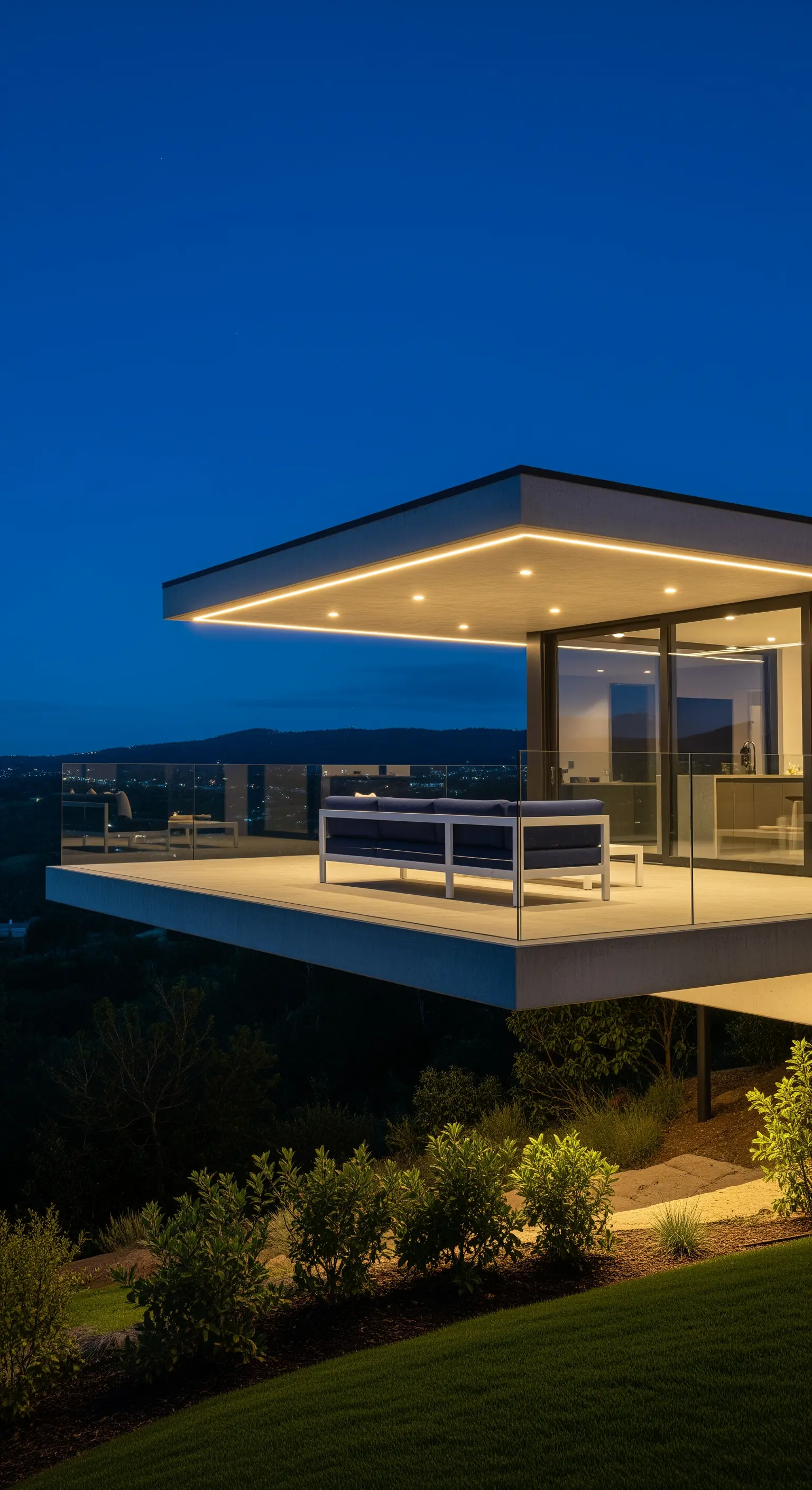 Terrazza a sbalzo con profilo luminoso a LED sul soffitto e vista panoramica notturna.