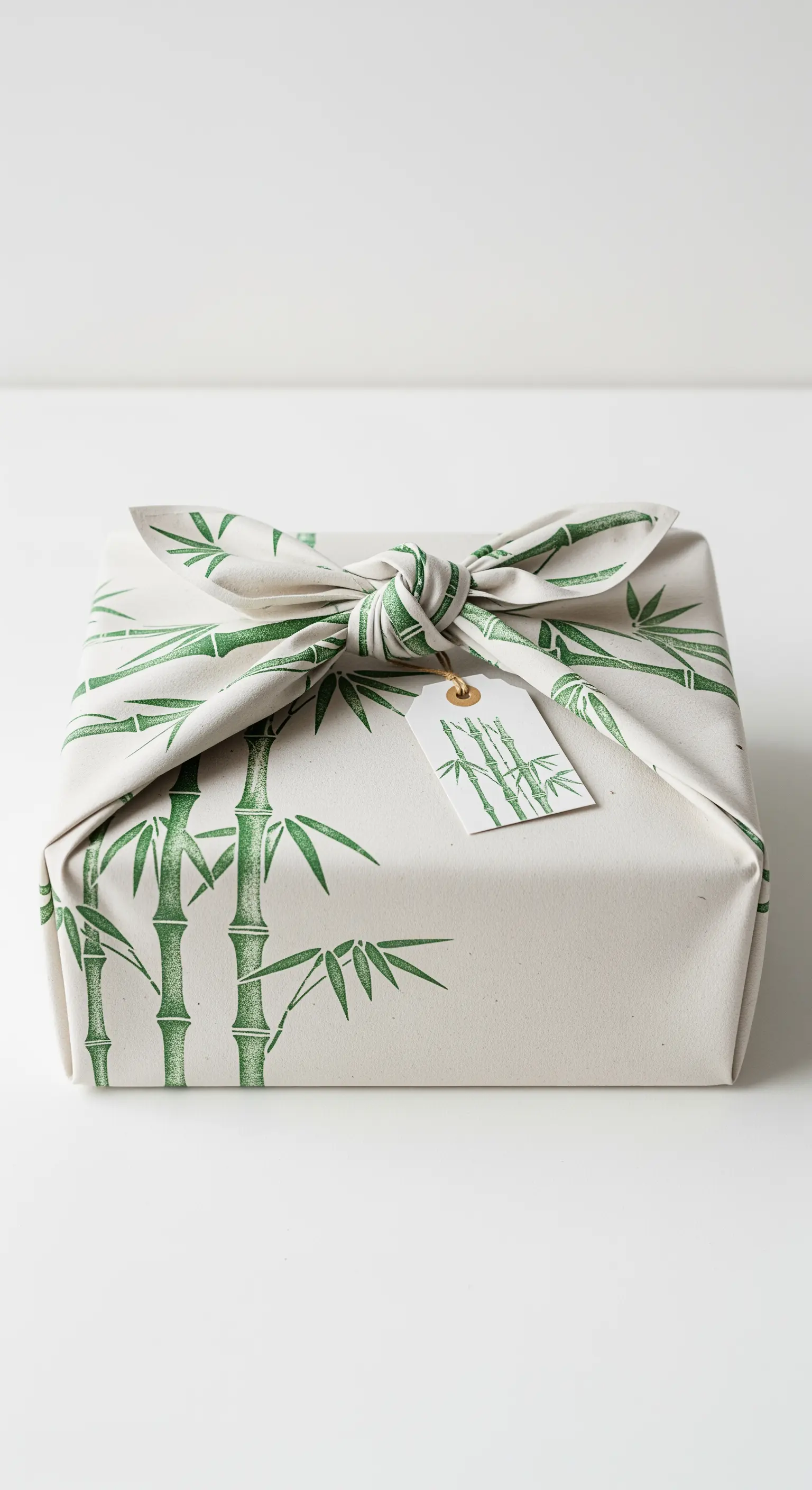 Regalo avvolto in un tessuto a tema bambù secondo la tecnica giapponese del Furoshiki.
