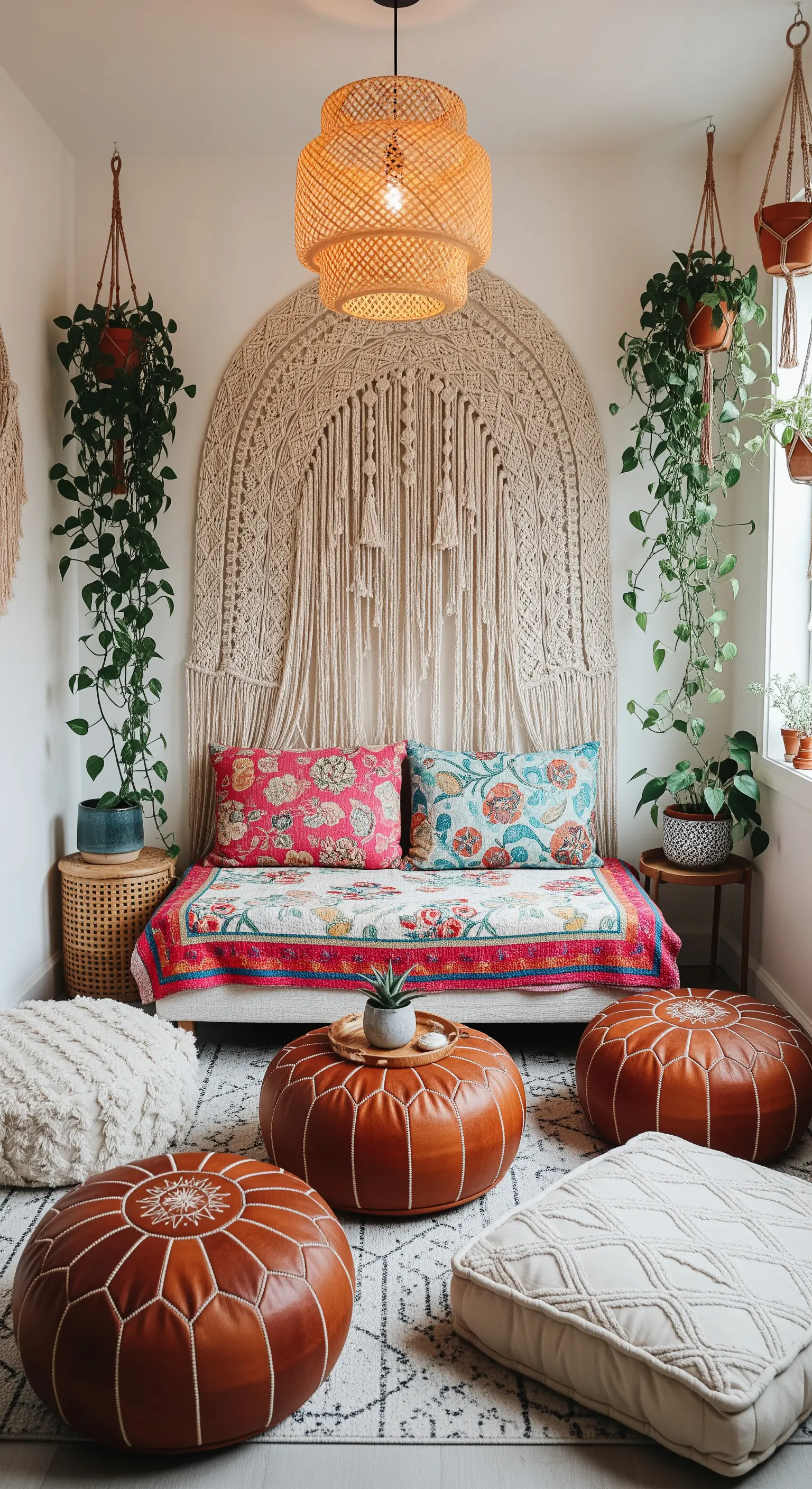 Salotto boho-chic con un daybed e una serie di pouf in pelle marocchini al posto del tavolino