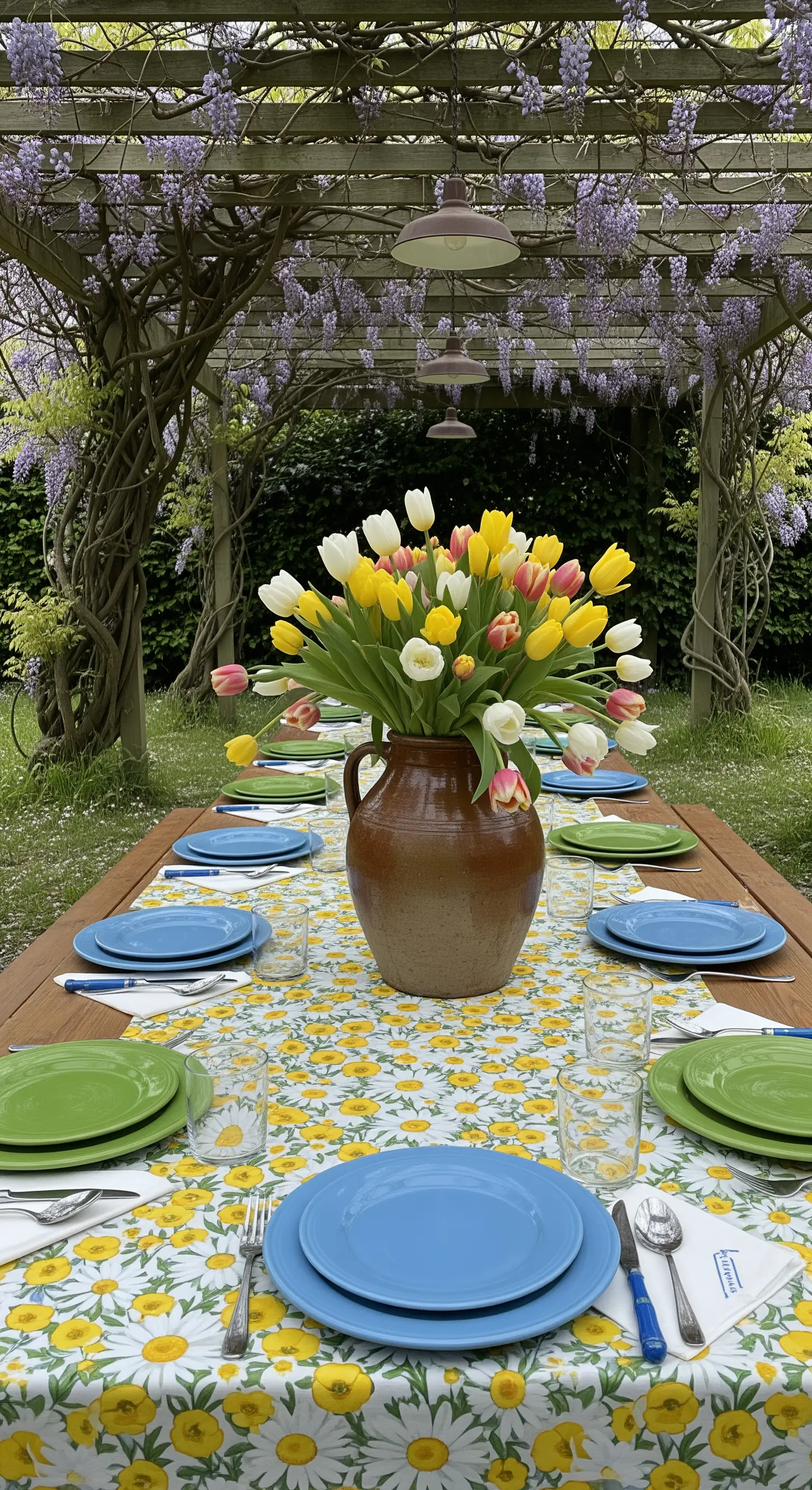 Tavolata sotto un pergolato fiorito con tovaglia a margherite e grande vaso di tulipani.