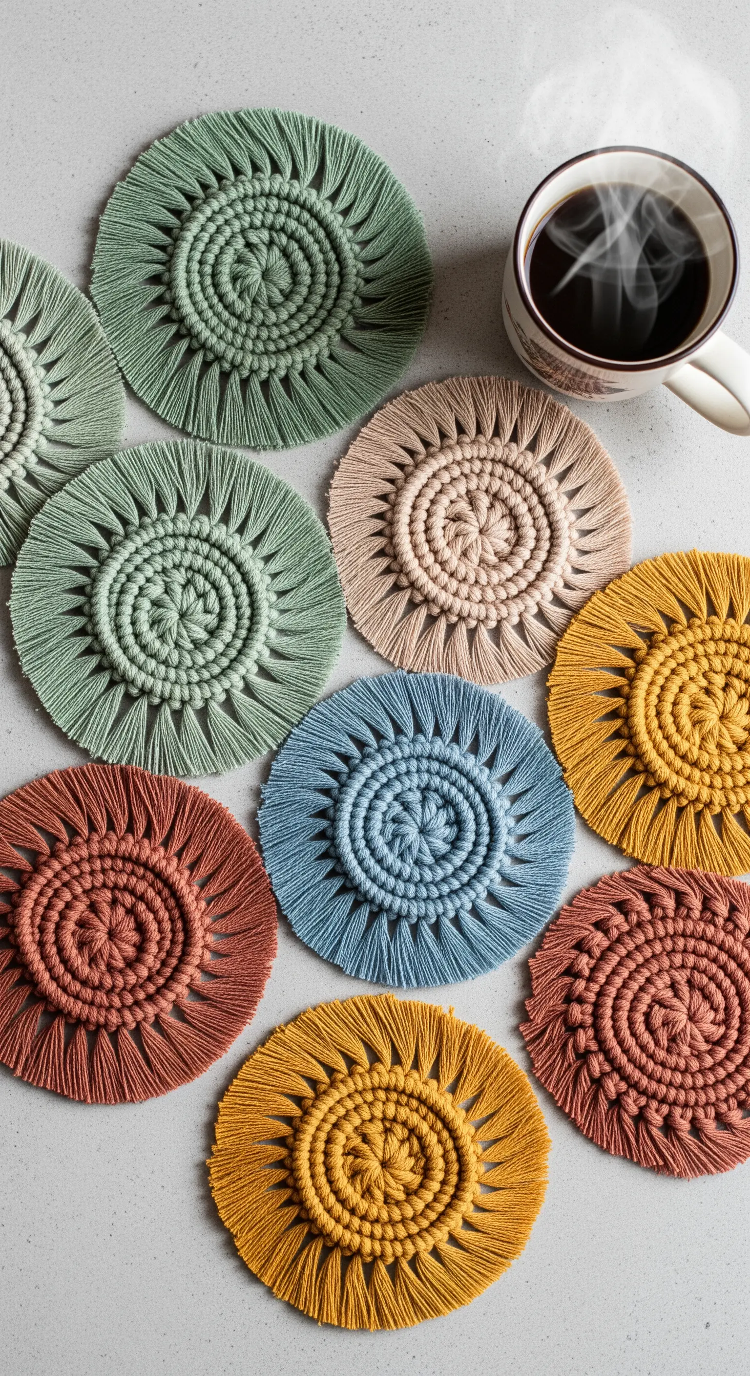 Set di sottobicchieri rotondi in macramè di vari colori pastello disposti accanto a una tazza di caffè.