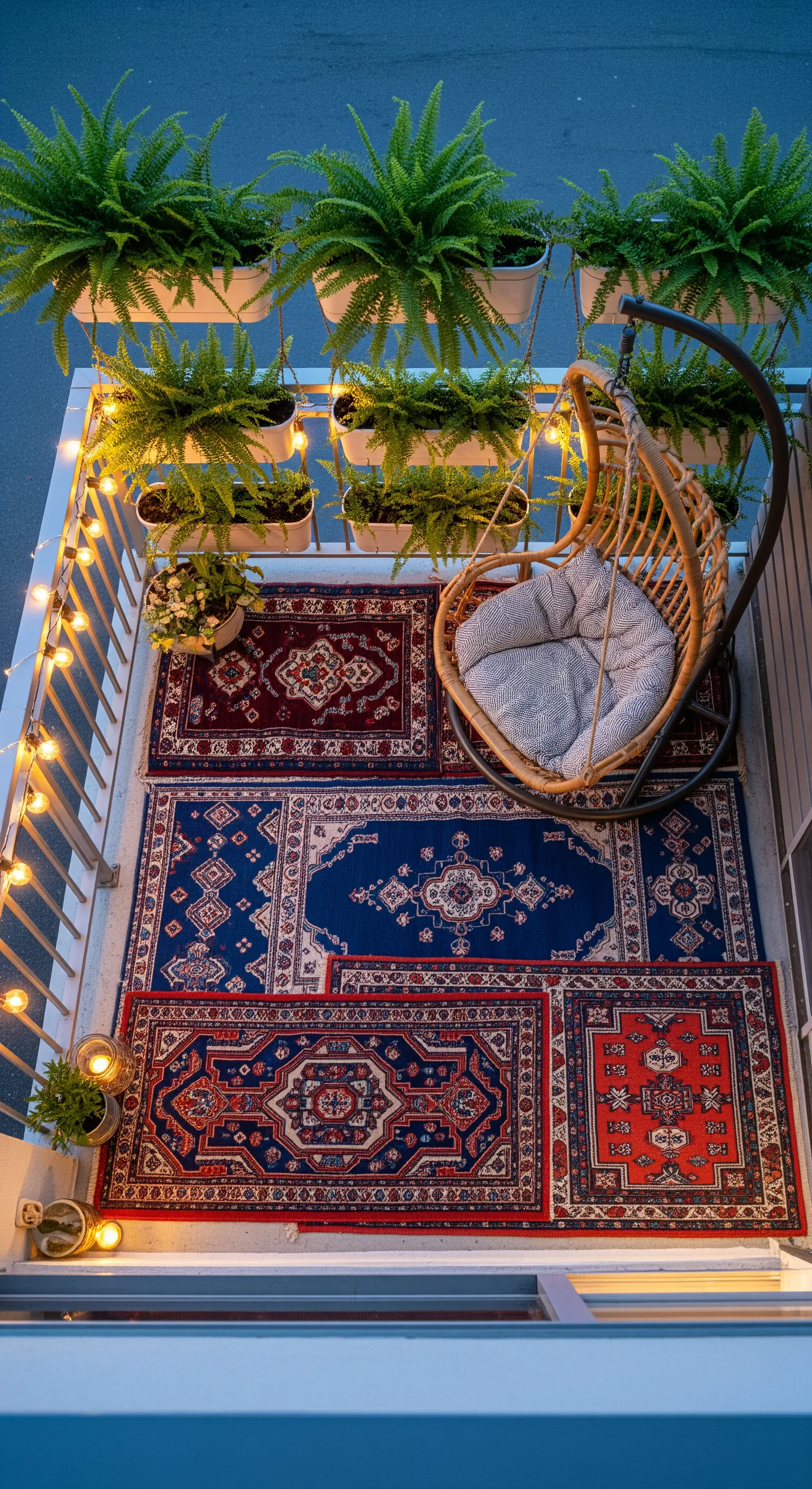 Balcone con tappeti persiani sovrapposti, poltrona sospesa in vimini e fili di luci.