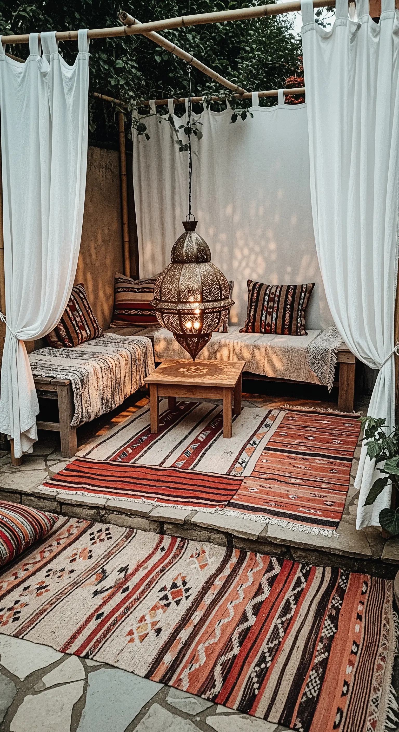 Angolo relax con sedute in legno, tende bianche e una sovrapposizione di tappeti kilim a terra